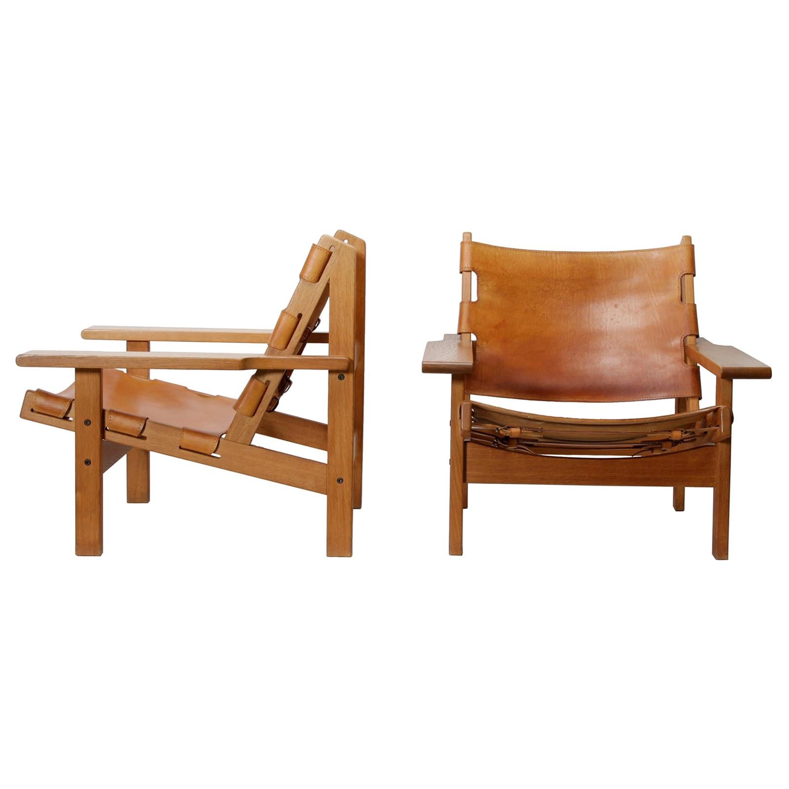 Pair of Danish Hunting Chairs in Oak and Saddle Leather by Kurt Østervig