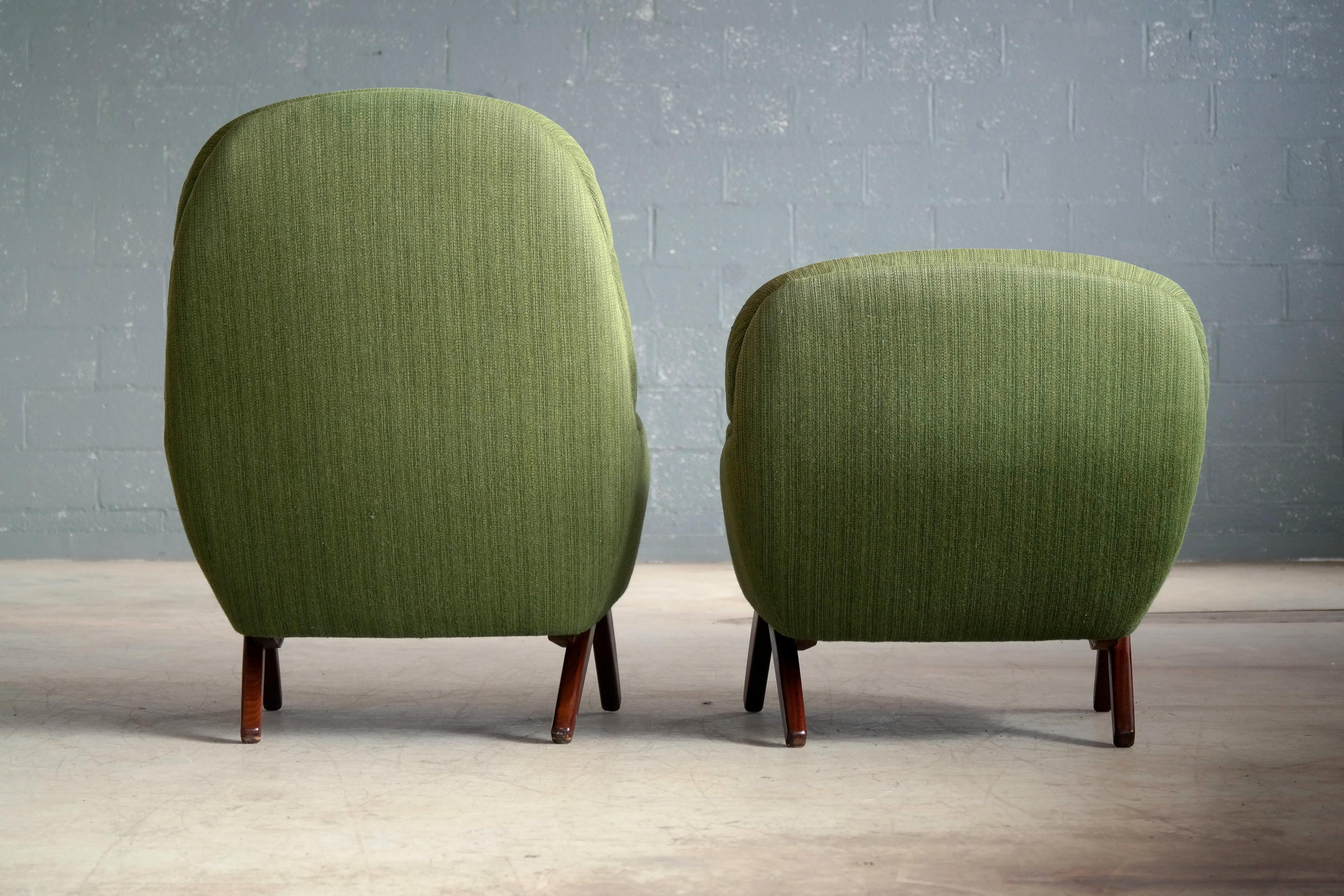Pair of Danish Illum Wikkelso Style High and Low Lounge Chairs by Leif Hansen 5