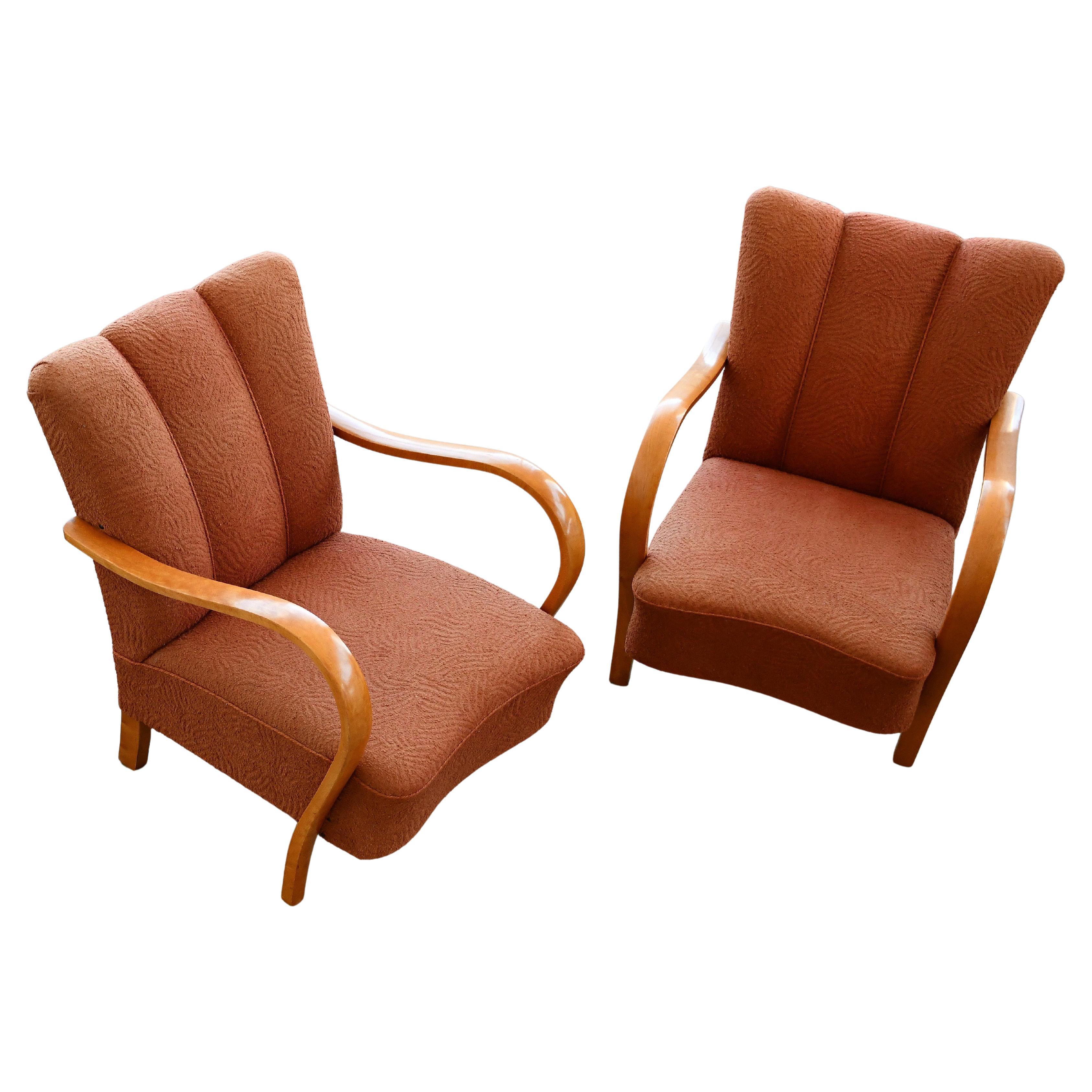Pair of Danish late Art Deco Lounge Chairs with Birch Armrests Halabala Style