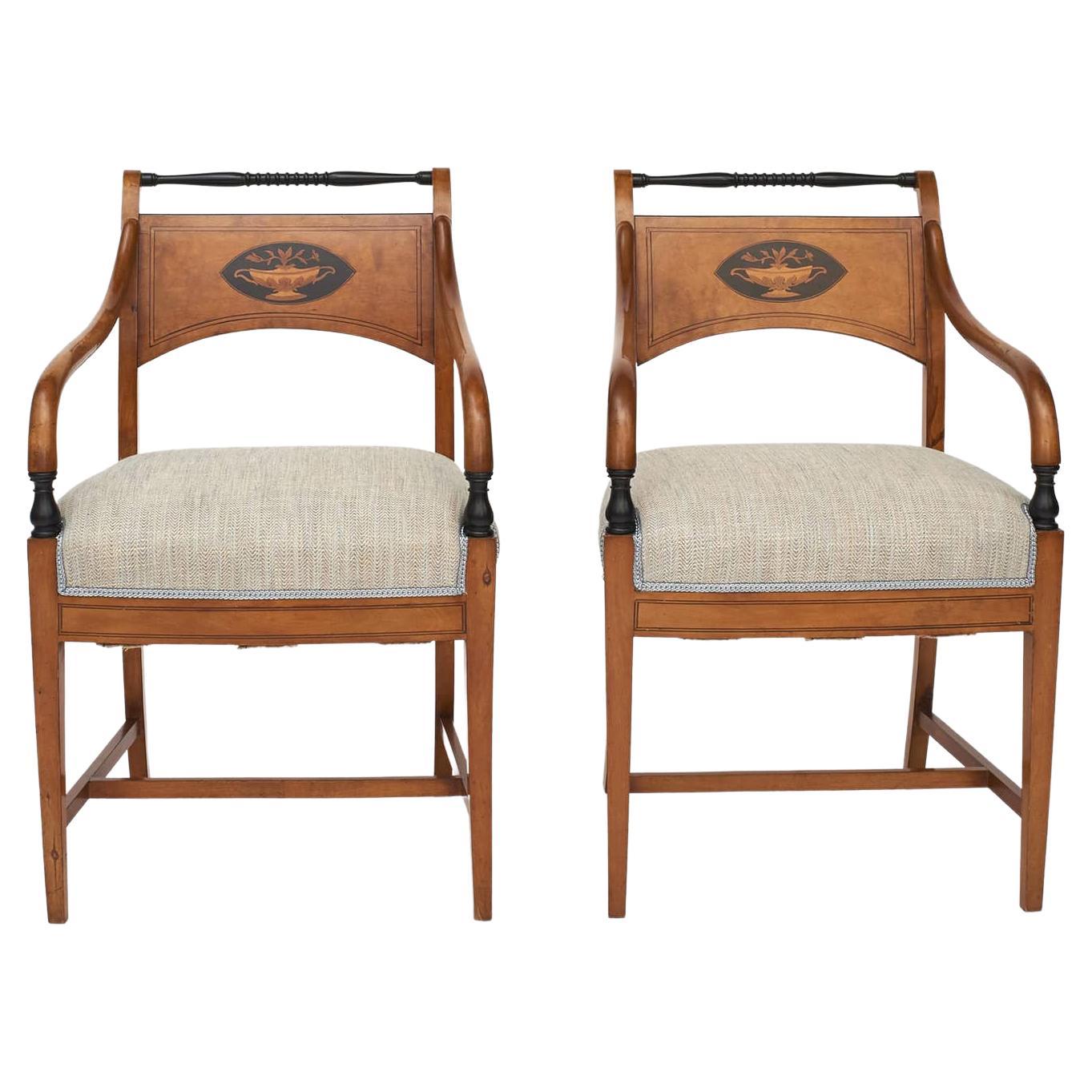 Pair of Danish Late Empire Birch Armchairs With Inlay, 1810-1820