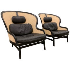 Pair of Danish Leather and Cane Lounge Chairs by Pierre Sindre for Garsnas
