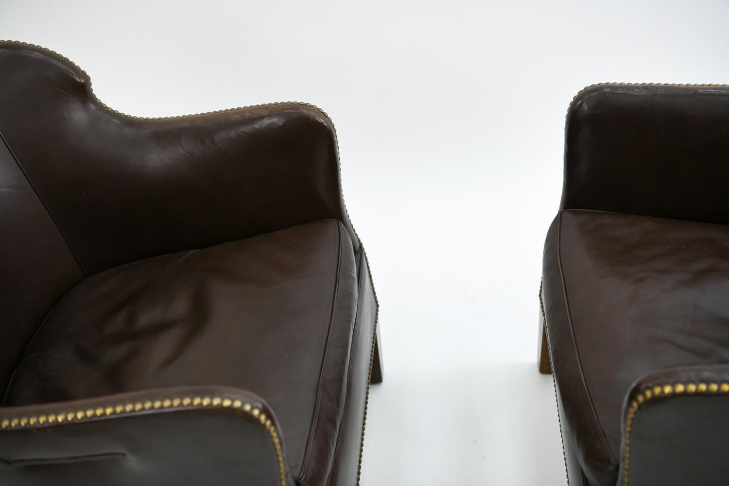 Pair of Danish Leather and Brass Tack Library Chairs 6