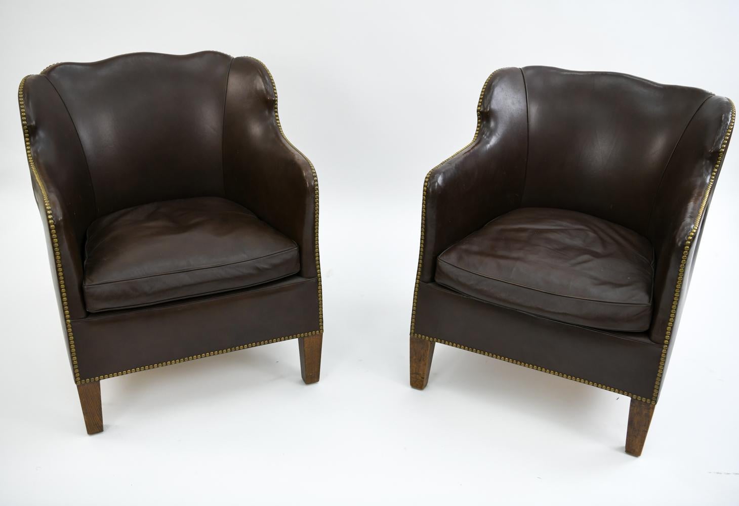 Pair of Danish Leather and Brass Tack Library Chairs In Good Condition In Norwalk, CT