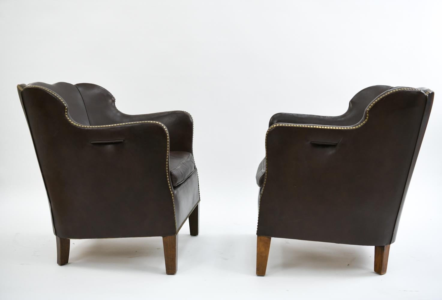 Pair of Danish Leather and Brass Tack Library Chairs 3