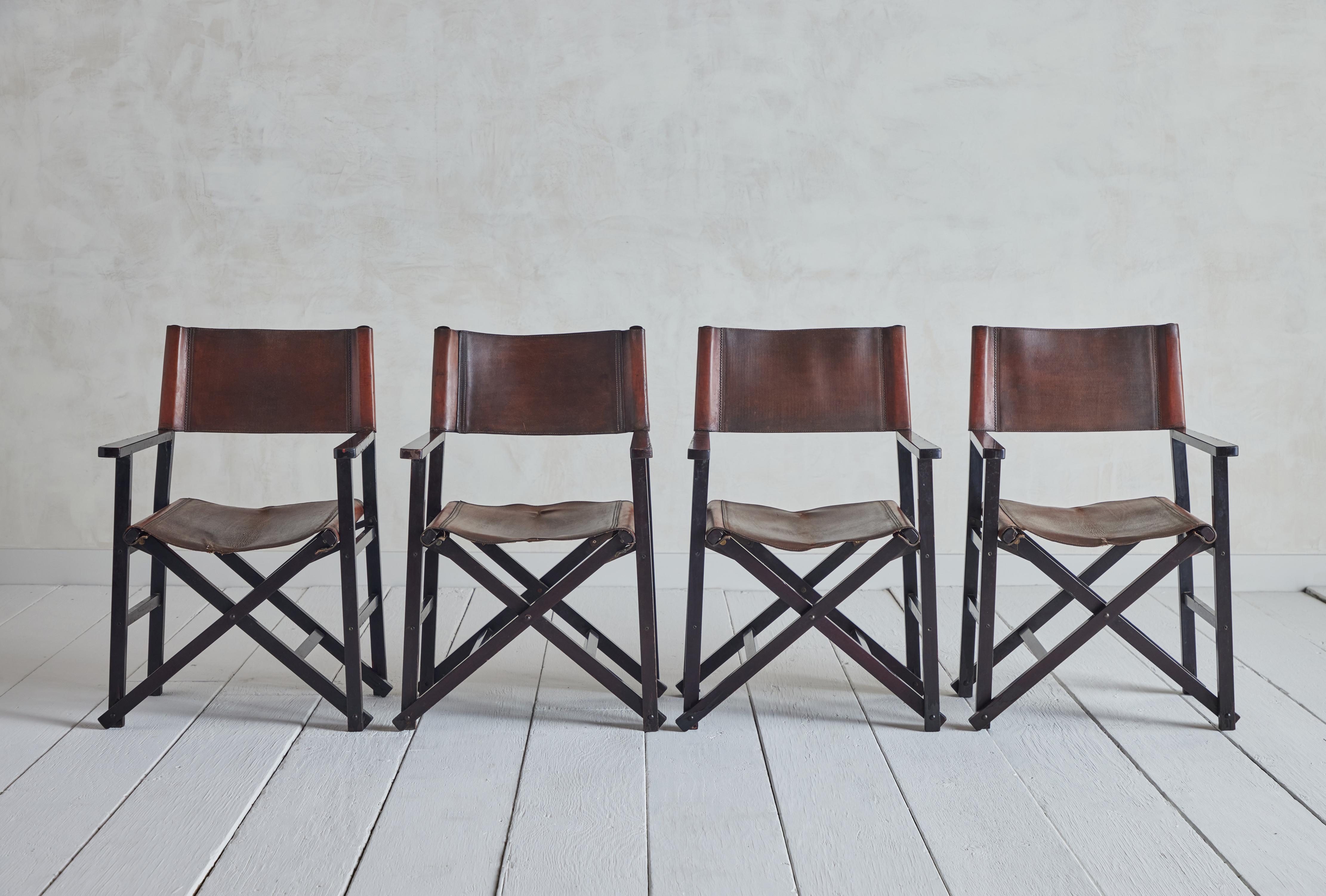 Pair of leather and wood directors chairs from Denmark, 1960s. TWO SETS AVAILABLE. 
