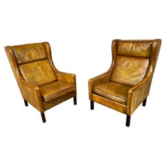 Pair Of Danish Leather Wingback Armchairs Retro 1970 Hand Dyed Light Tan
