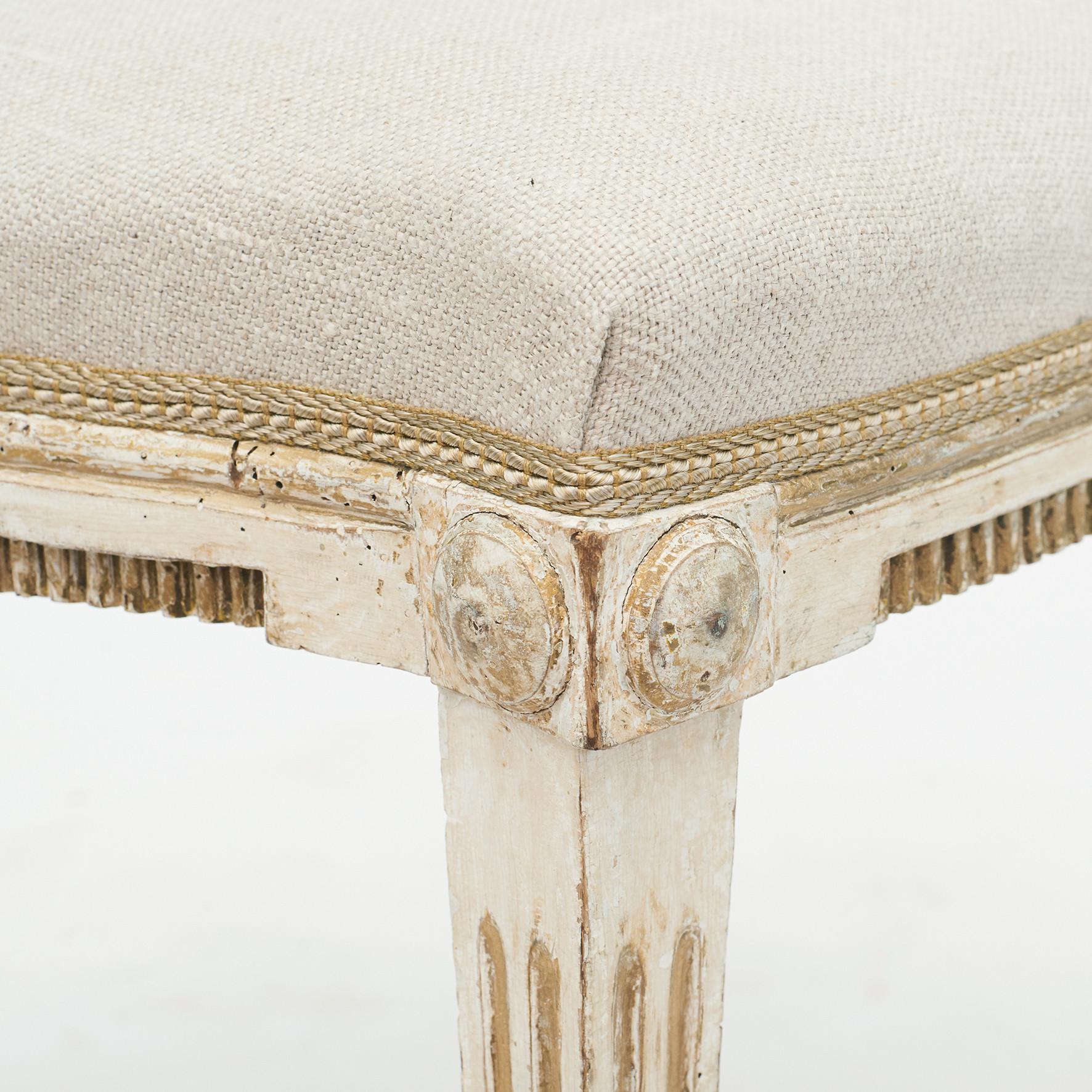 Linen Pair of Danish Louis XVI Chairs in White Painted and Gold Beech