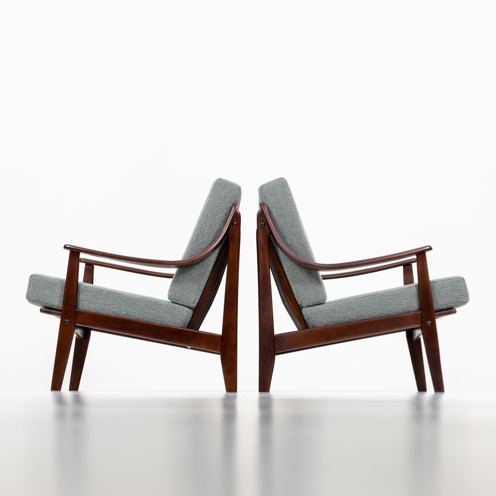Polished Pair of Danish Lounge Chairs, 1960s For Sale