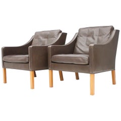 Pair of Danish Lounge Chairs by Børge Mogensen in Chocolate Brown Leather, 1960s