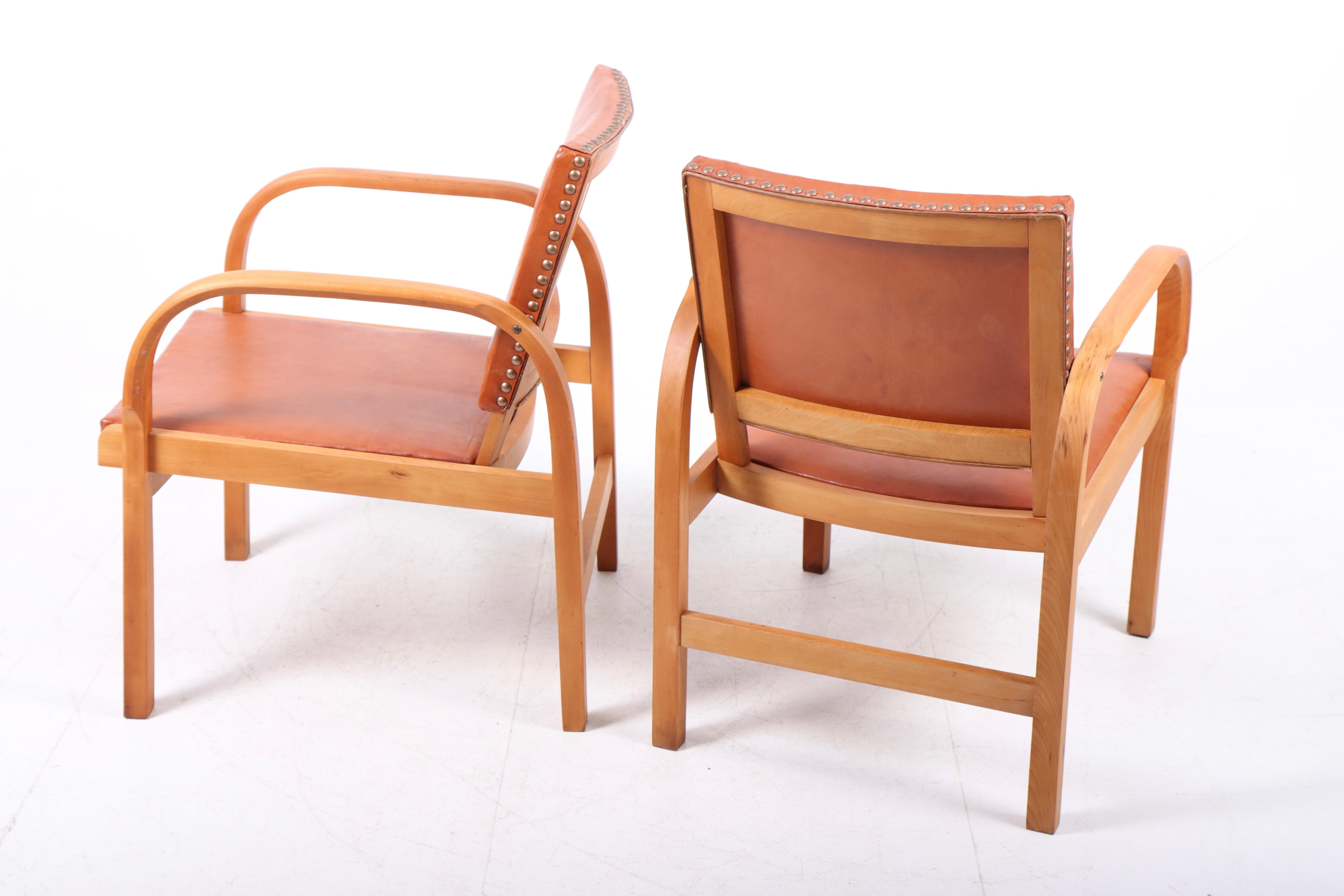 Leather Pair of Danish Lounge Chairs by Magnus L. Stephensen, 1940s For Sale