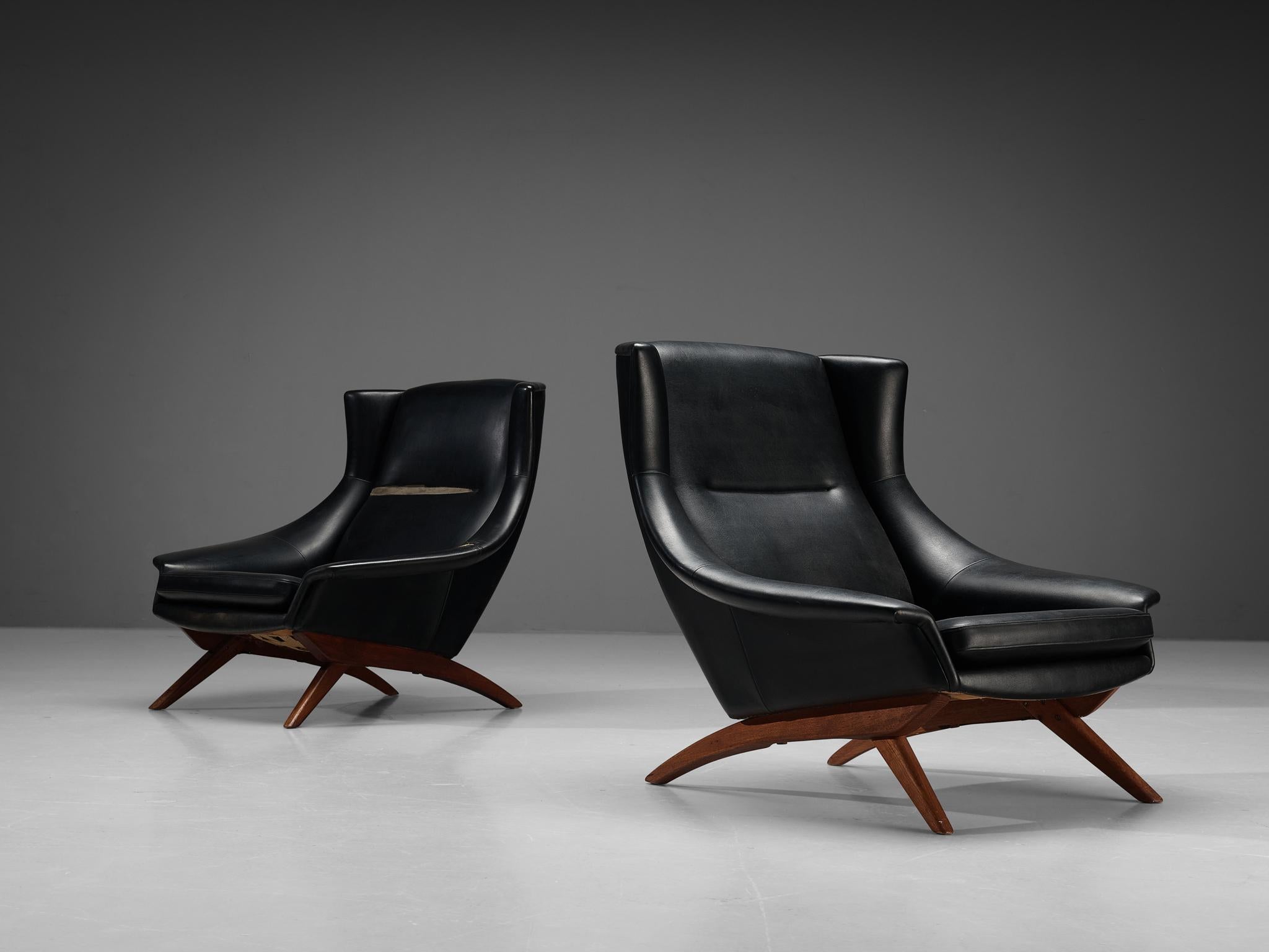 Lounge chairs, oak, leather, Denmark, 1960s.

These lounge chairs were designed in Denmark and shows great similarities with the designs of Illum Wikkelsø. These lounge chairs are comfortable and shows playful details. The chair bends slightly