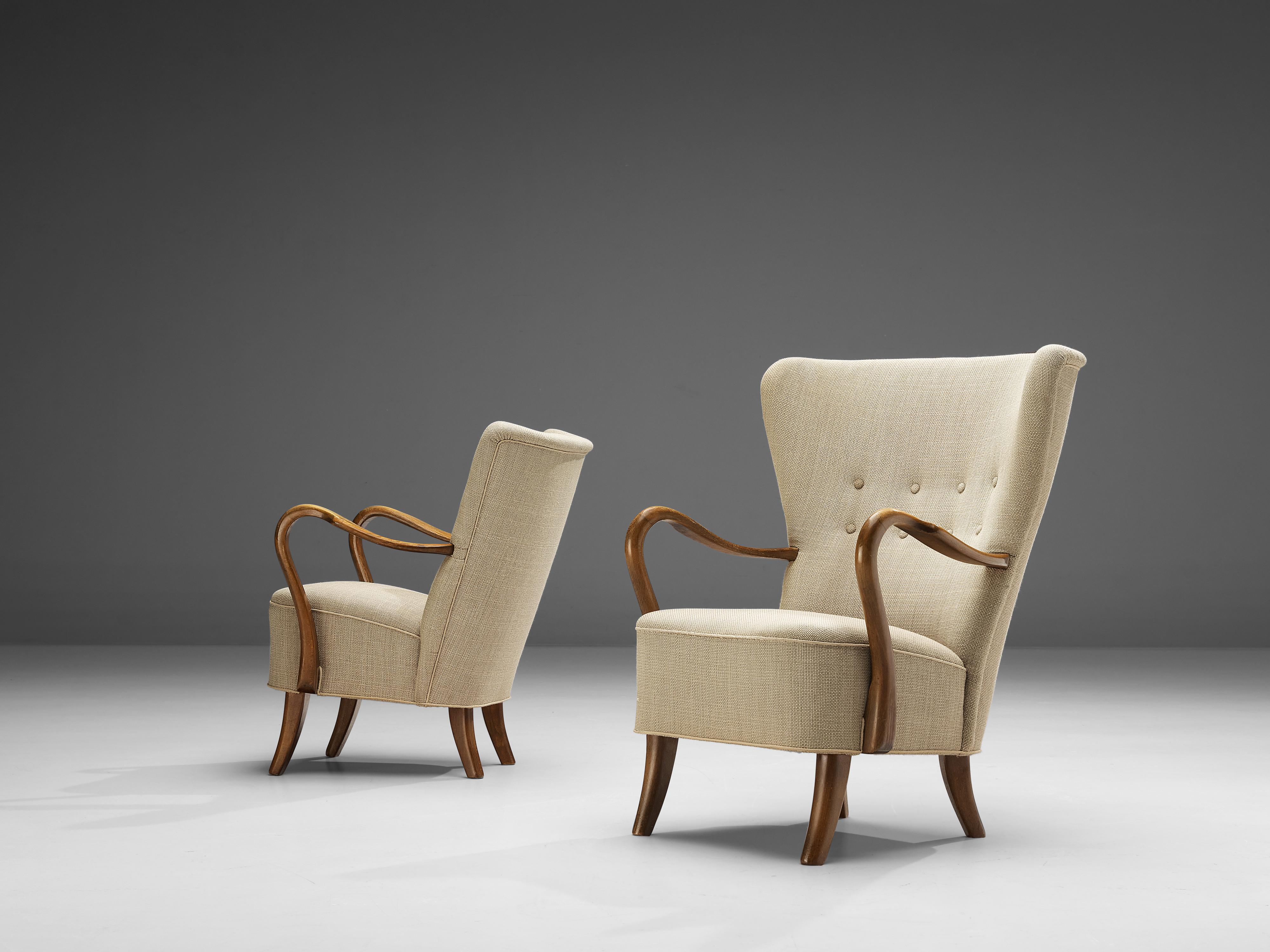 Fabric Pair of Danish Lounge Chairs in Off-White Upholstery
