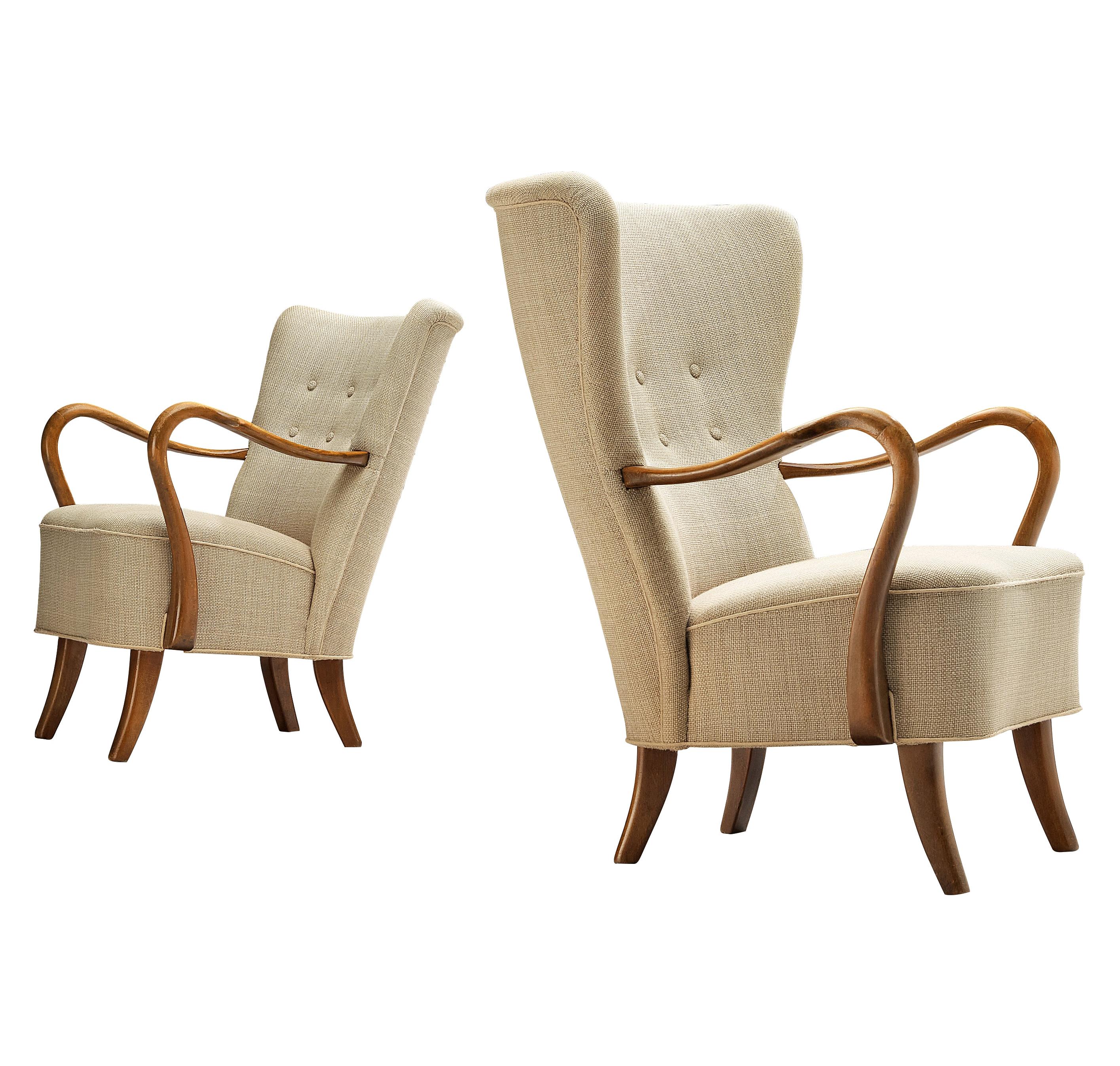 Pair of Danish Lounge Chairs in Off-White Upholstery