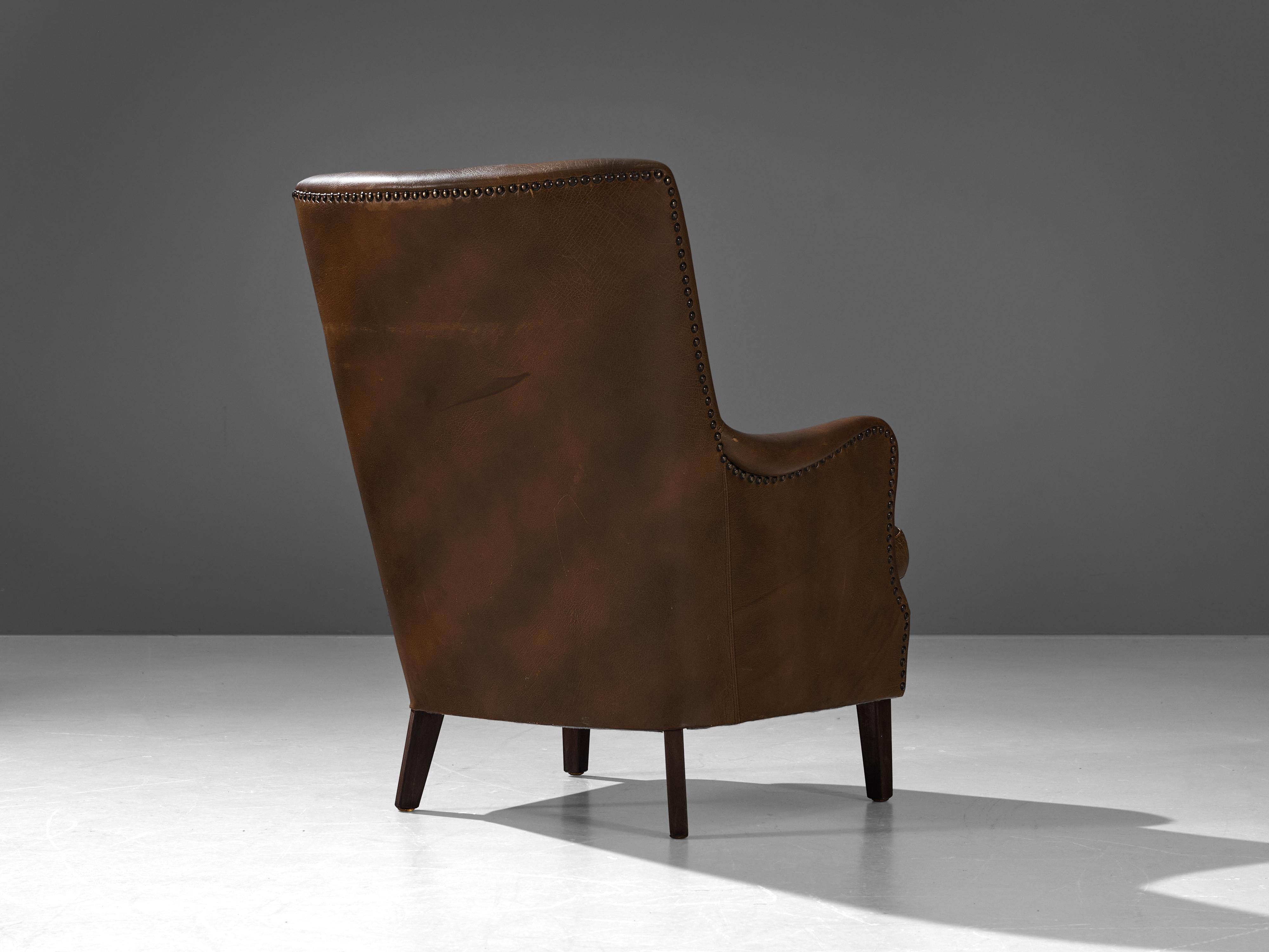 Pair of Danish Lounge Chairs in Patinated Brown Leather  5