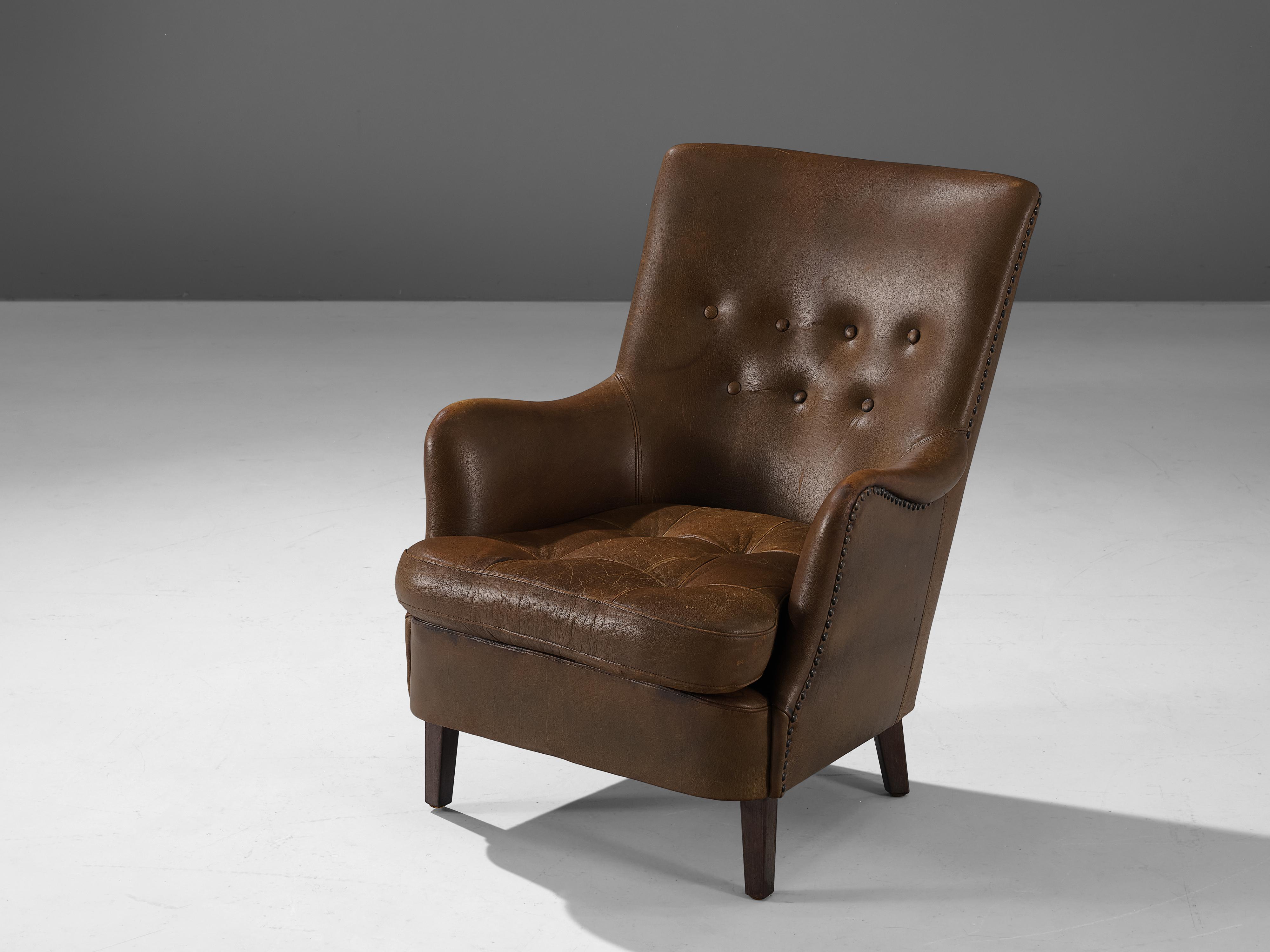 Pair of Danish Lounge Chairs in Patinated Brown Leather  6