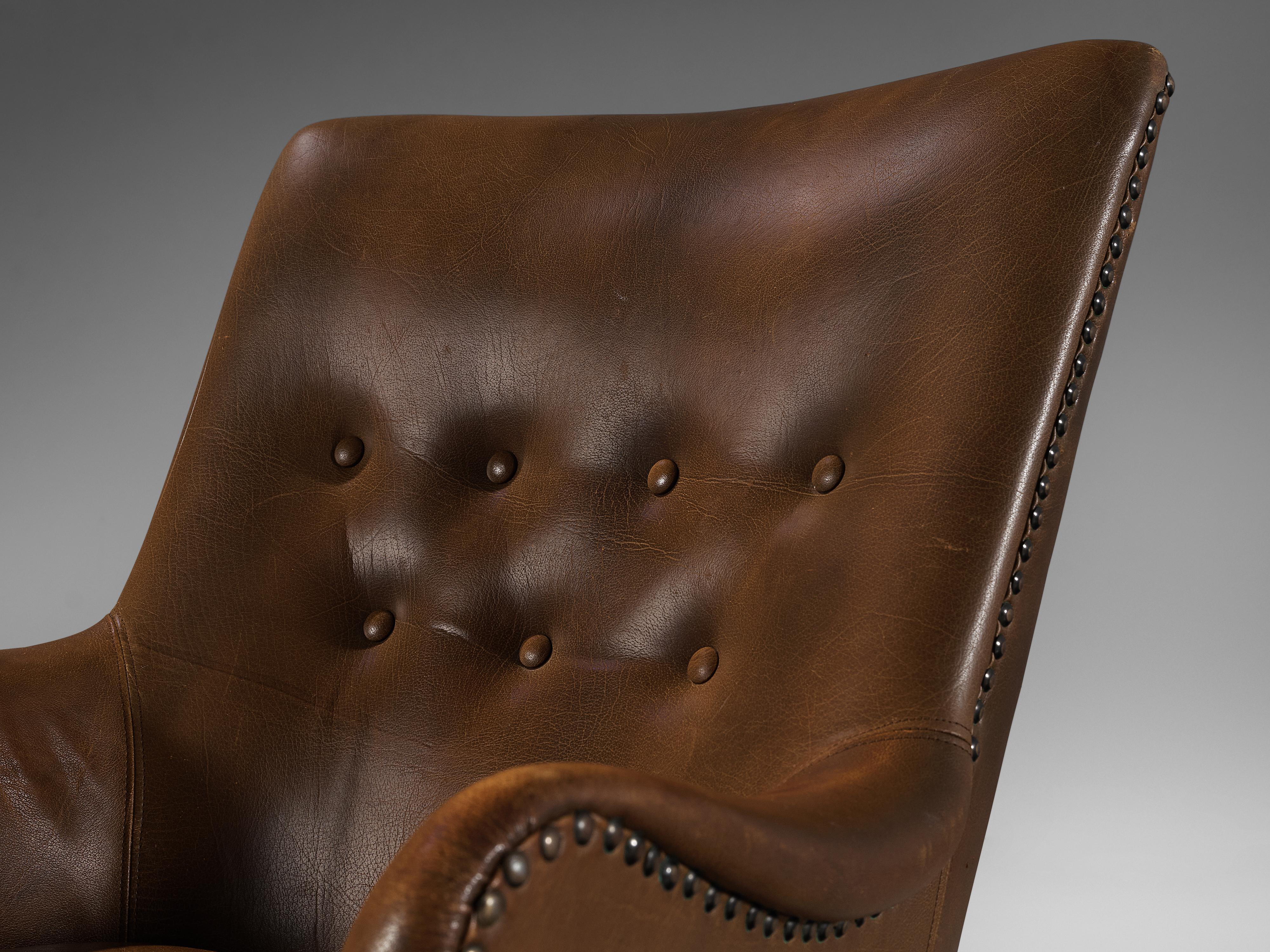 Scandinavian Modern Pair of Danish Lounge Chairs in Patinated Brown Leather 
