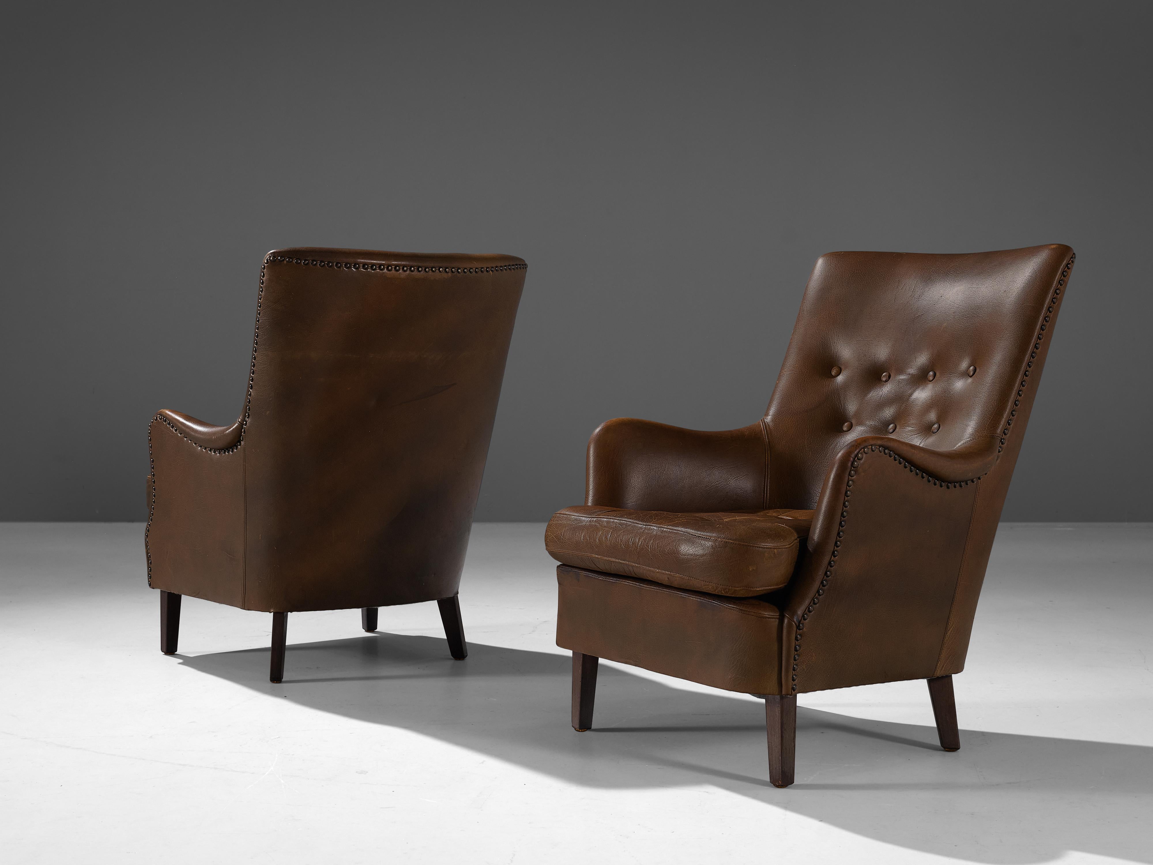 Pair of Danish Lounge Chairs in Patinated Brown Leather  In Good Condition In Waalwijk, NL