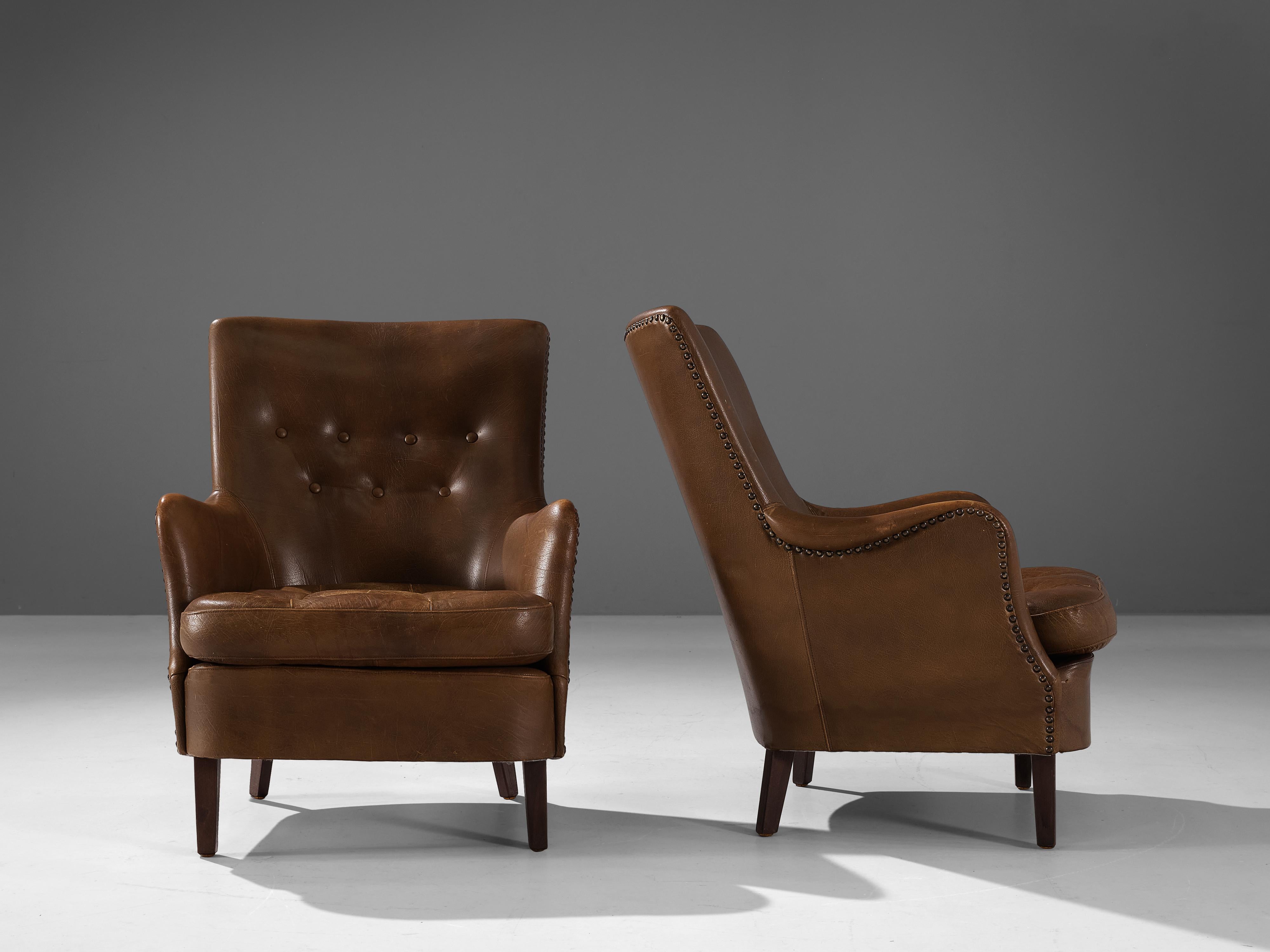 Pair of Danish Lounge Chairs in Patinated Brown Leather  1