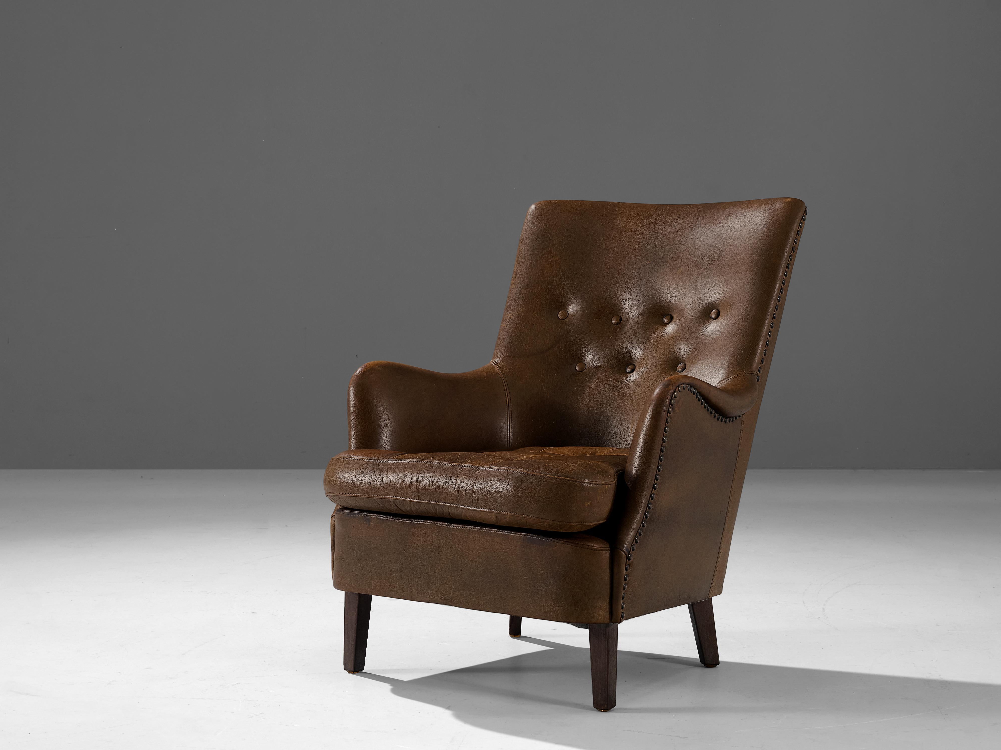 Pair of Danish Lounge Chairs in Patinated Brown Leather  3