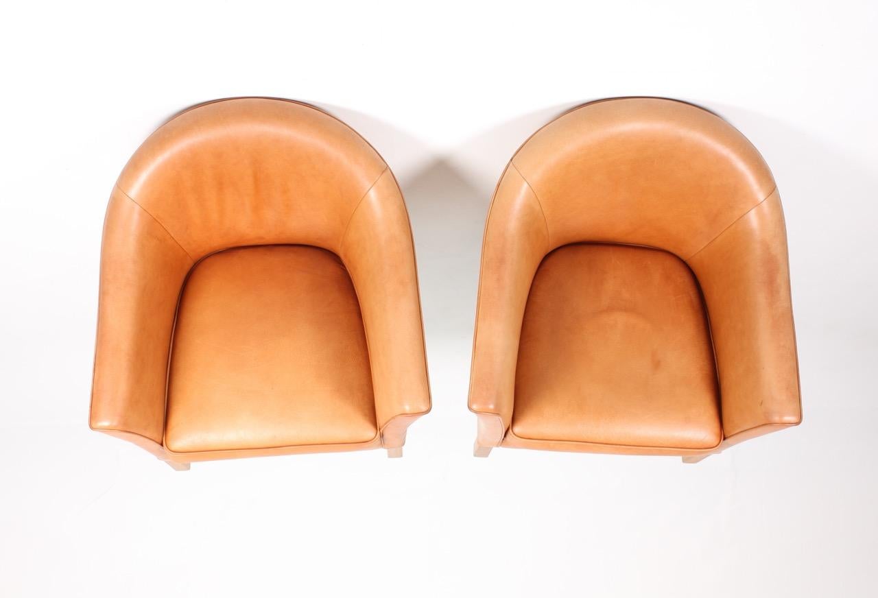 Pair of Danish Lounge Chairs in Patinated Leather Designed by Lars Kalmar 3