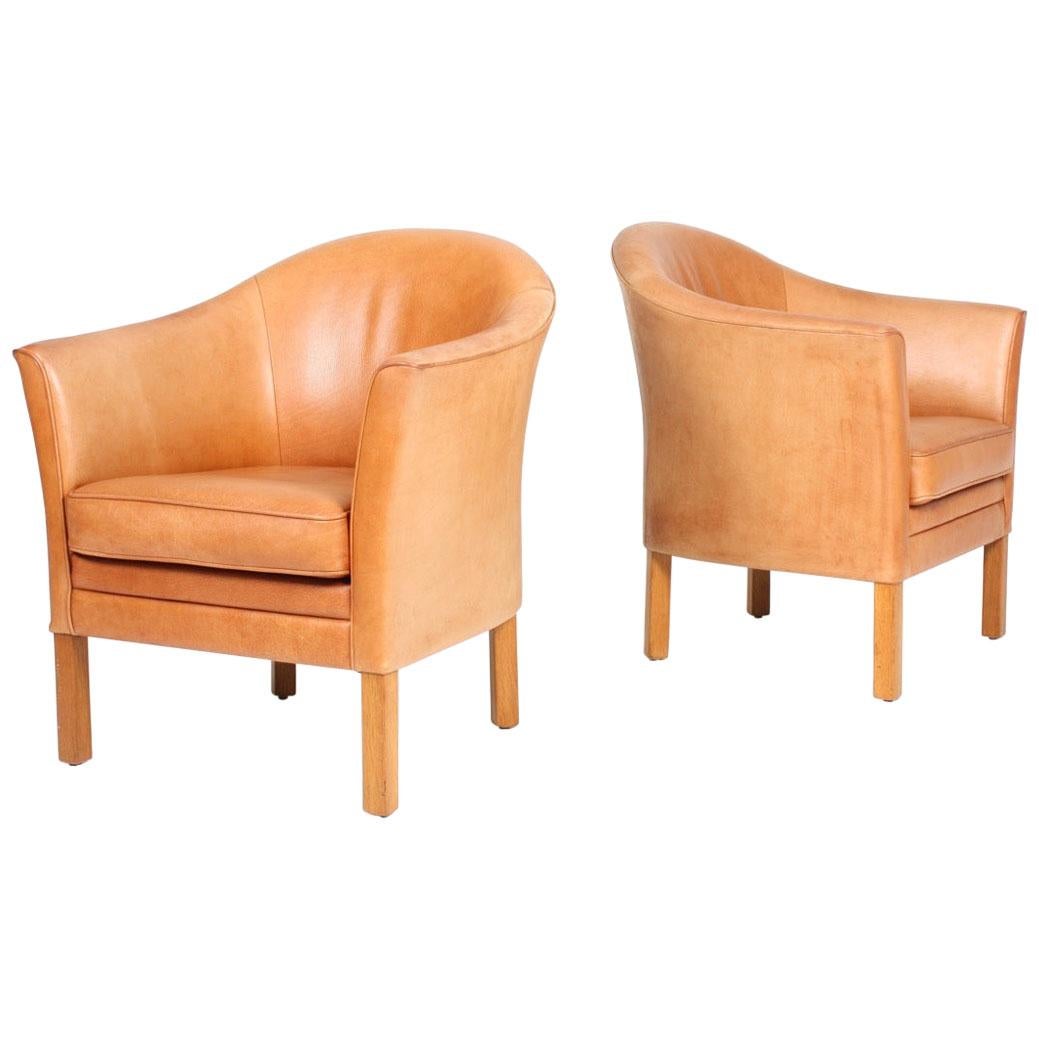 Pair of Danish Lounge Chairs in Patinated Leather Designed by Lars Kalmar