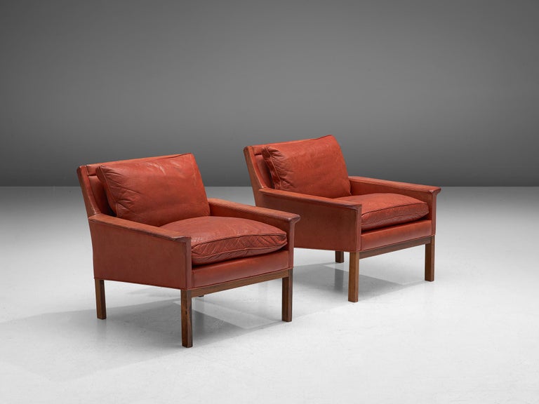 Mid-Century Modern Pair of Danish Lounge Chairs in Red Leather