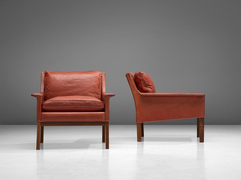 Mid-20th Century Pair of Danish Lounge Chairs in Red Leather