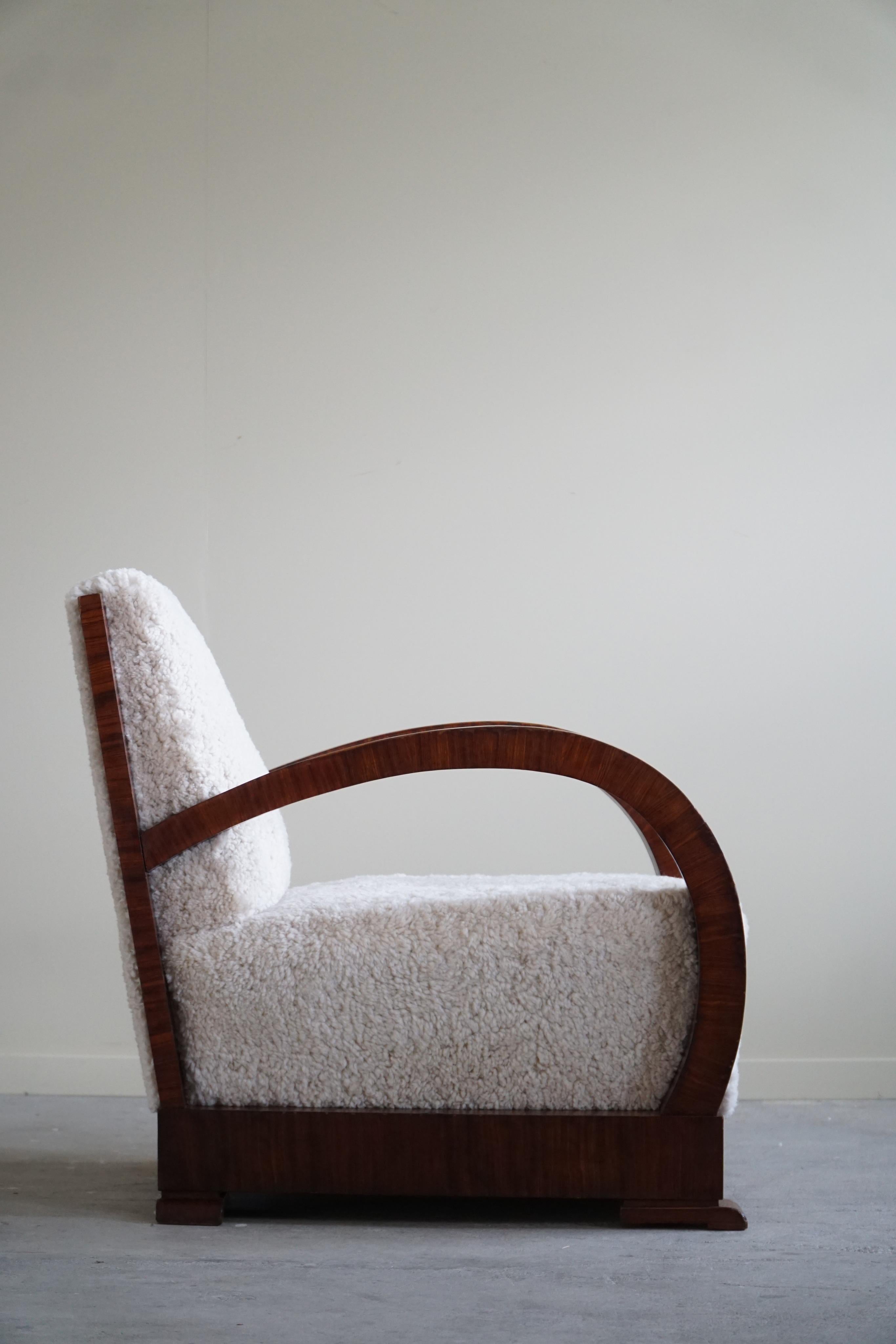 Pair of Danish Lounge Chairs, Reupholstered, Lambswool & Walnut, Art Deco, 1930s For Sale 8