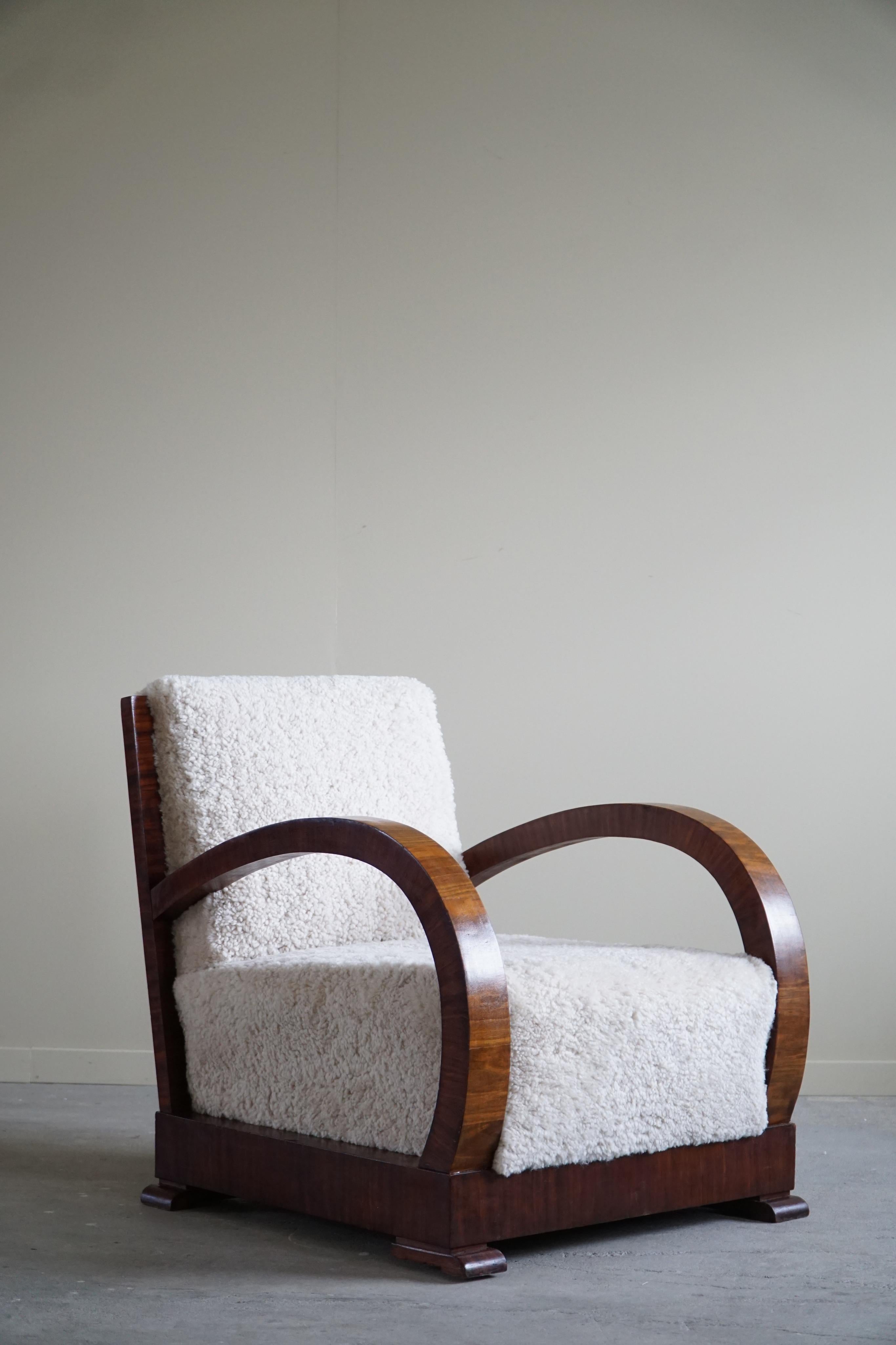 Wool Pair of Danish Lounge Chairs, Reupholstered, Lambswool & Walnut, Art Deco, 1930s For Sale