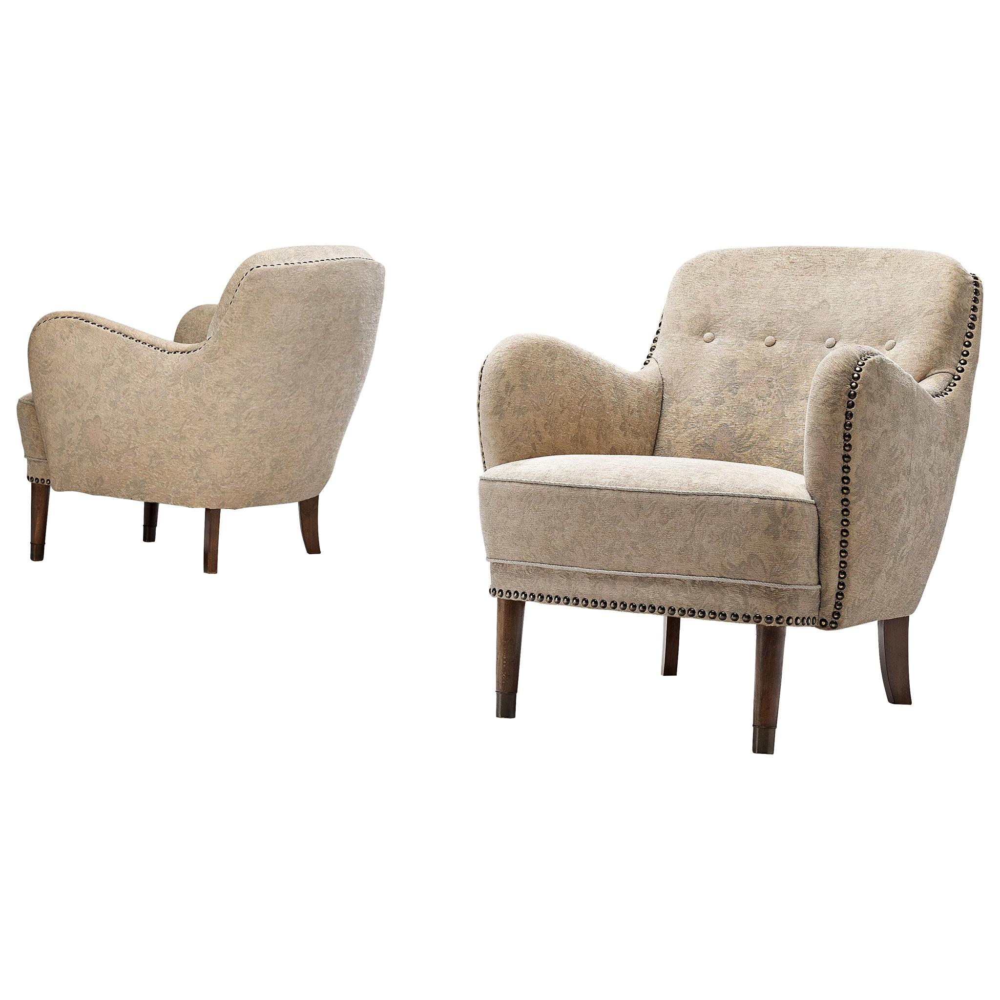 Pair of Danish Lounge Chairs with Brass Nails