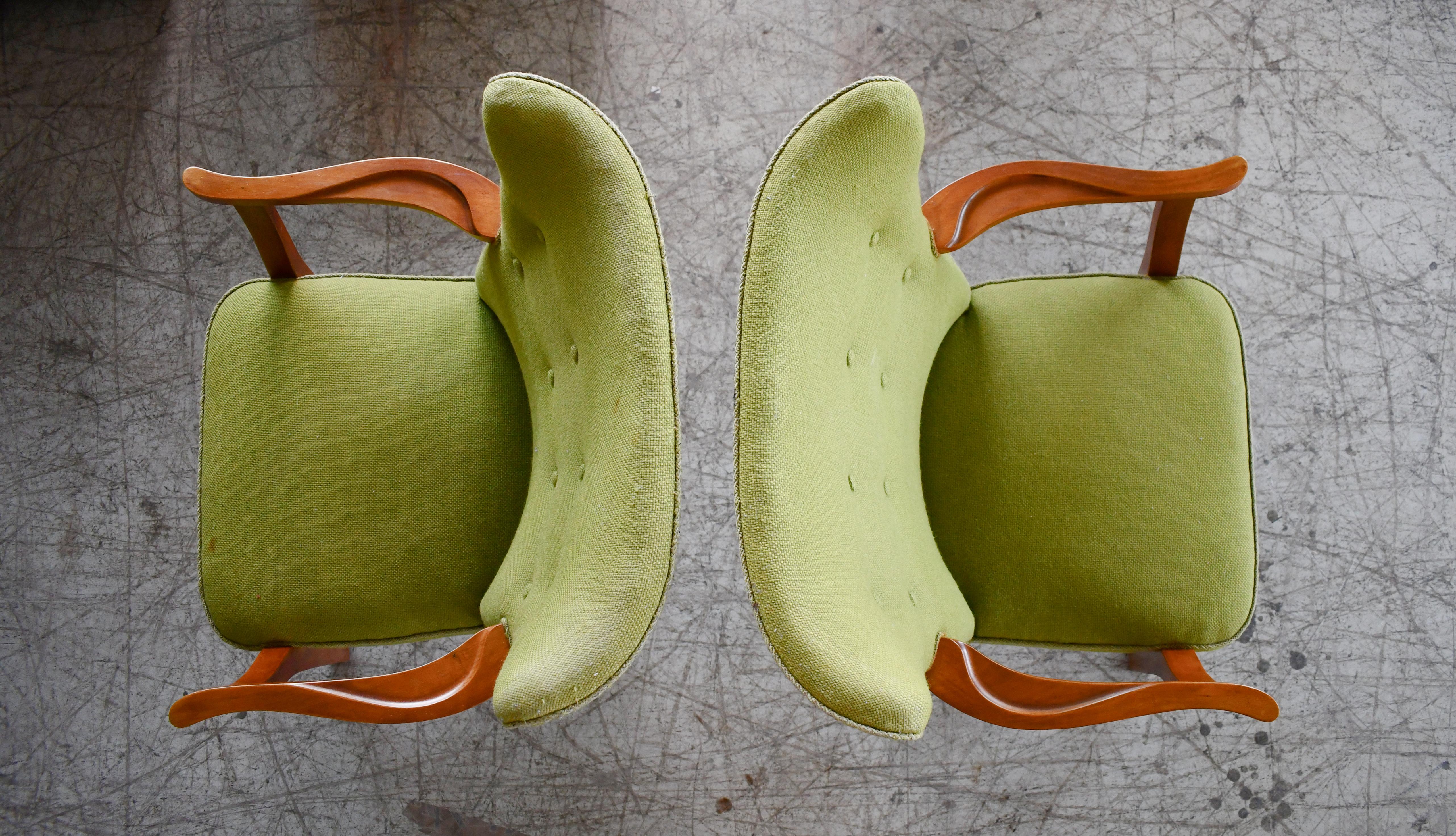 Pair of Danish Lounge or Armchairs with Teak legs and Armrests, 1950's. For Sale 2