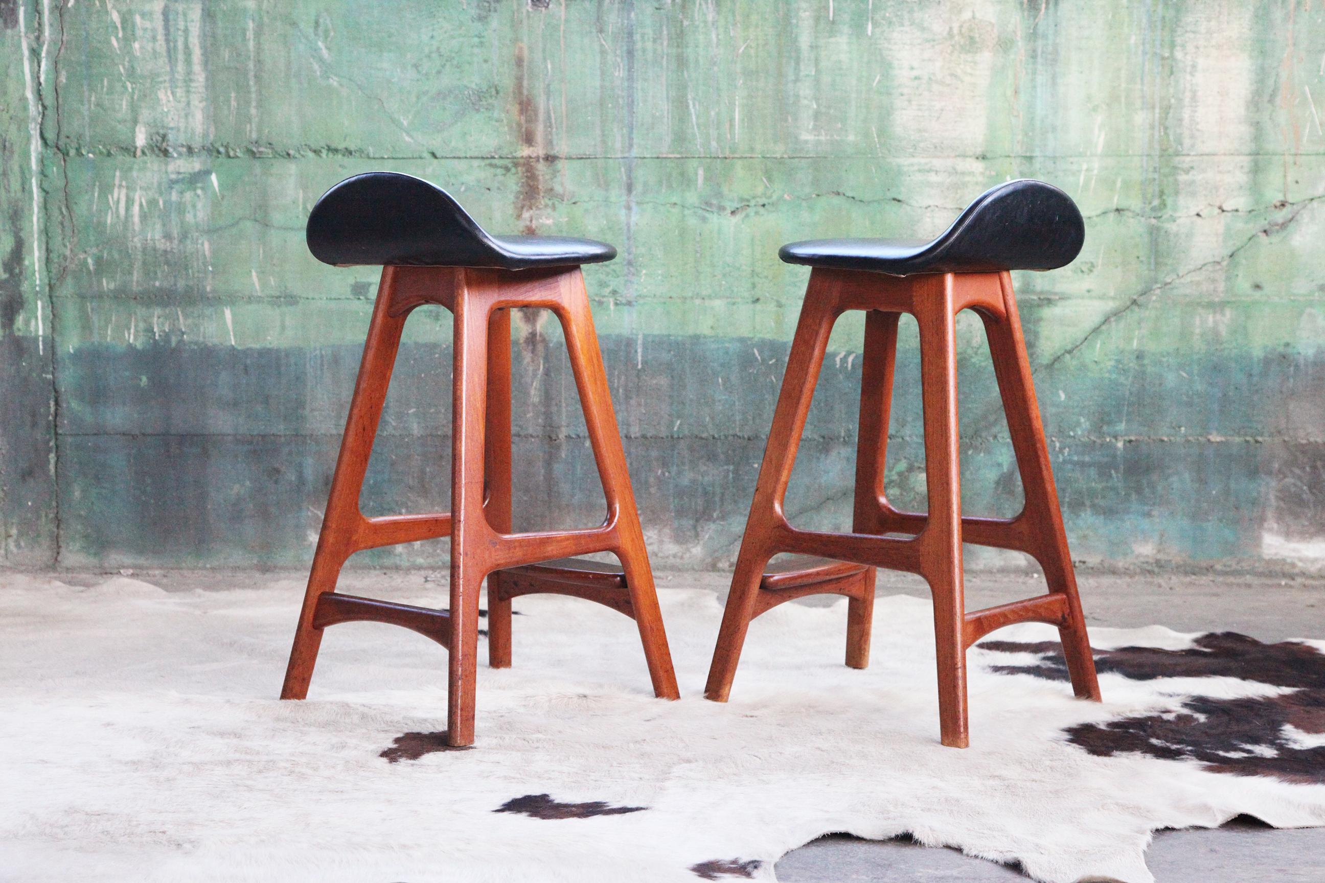 Faux Leather Pair of Danish Mid Century 1960s Teak Bar Stools Mod. 61 by Erik Buch Denmark For Sale
