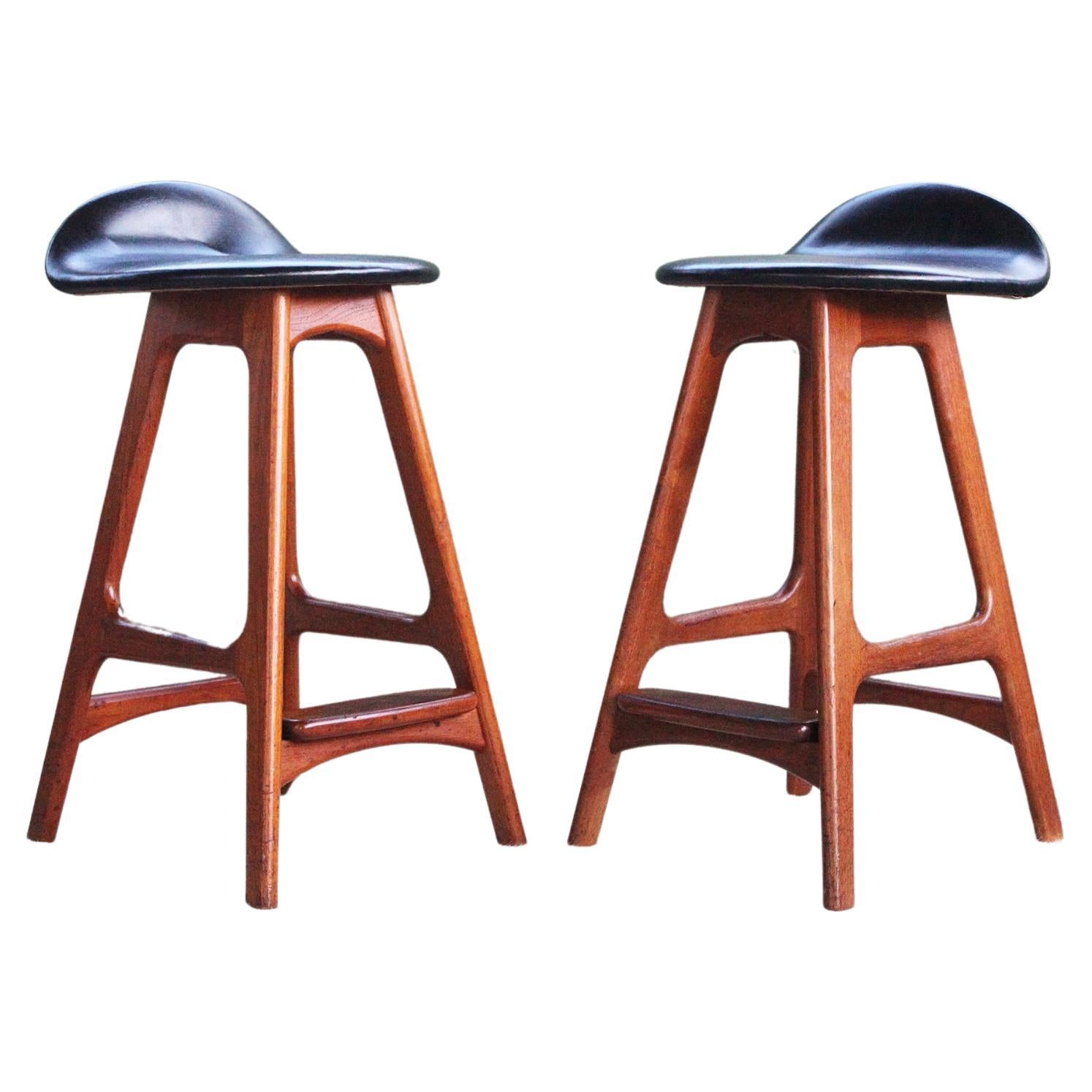 Pair of Danish Mid Century 1960s Teak Bar Stools Mod. 61 by Erik Buch Denmark