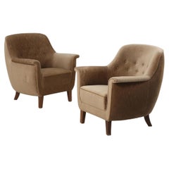 Pair of Danish Midcentury Arm Chairs in Brown Velour Produced in Denmark, 1940s