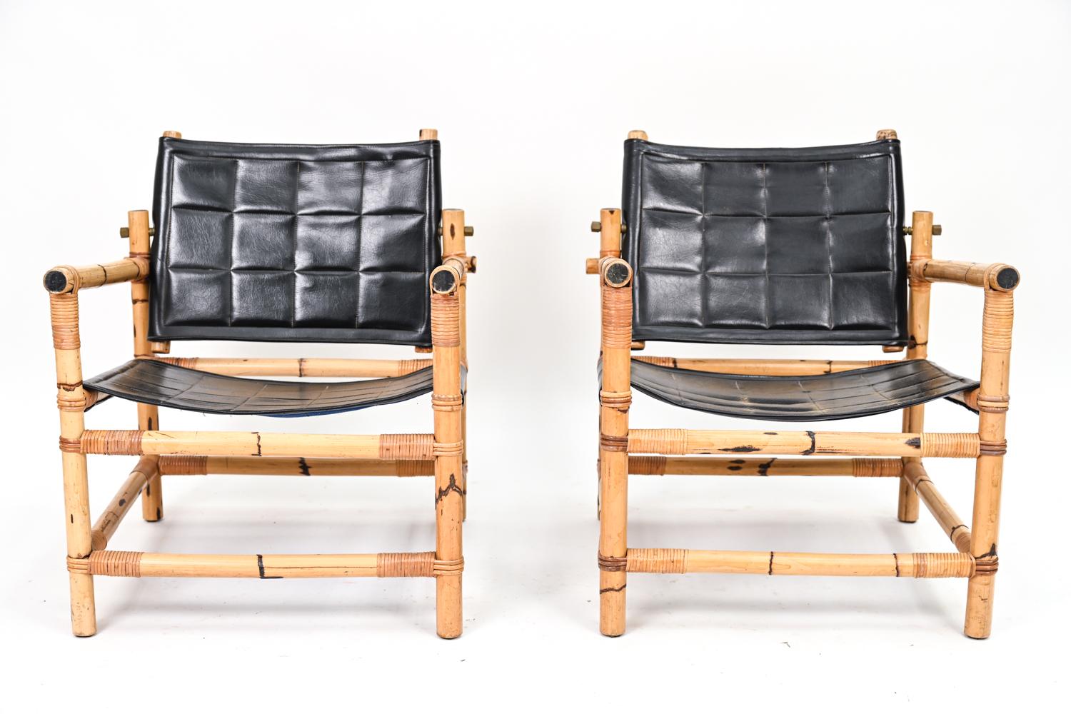 Leather Pair of Danish Mid-Century Bamboo Safari Lounge Chairs For Sale