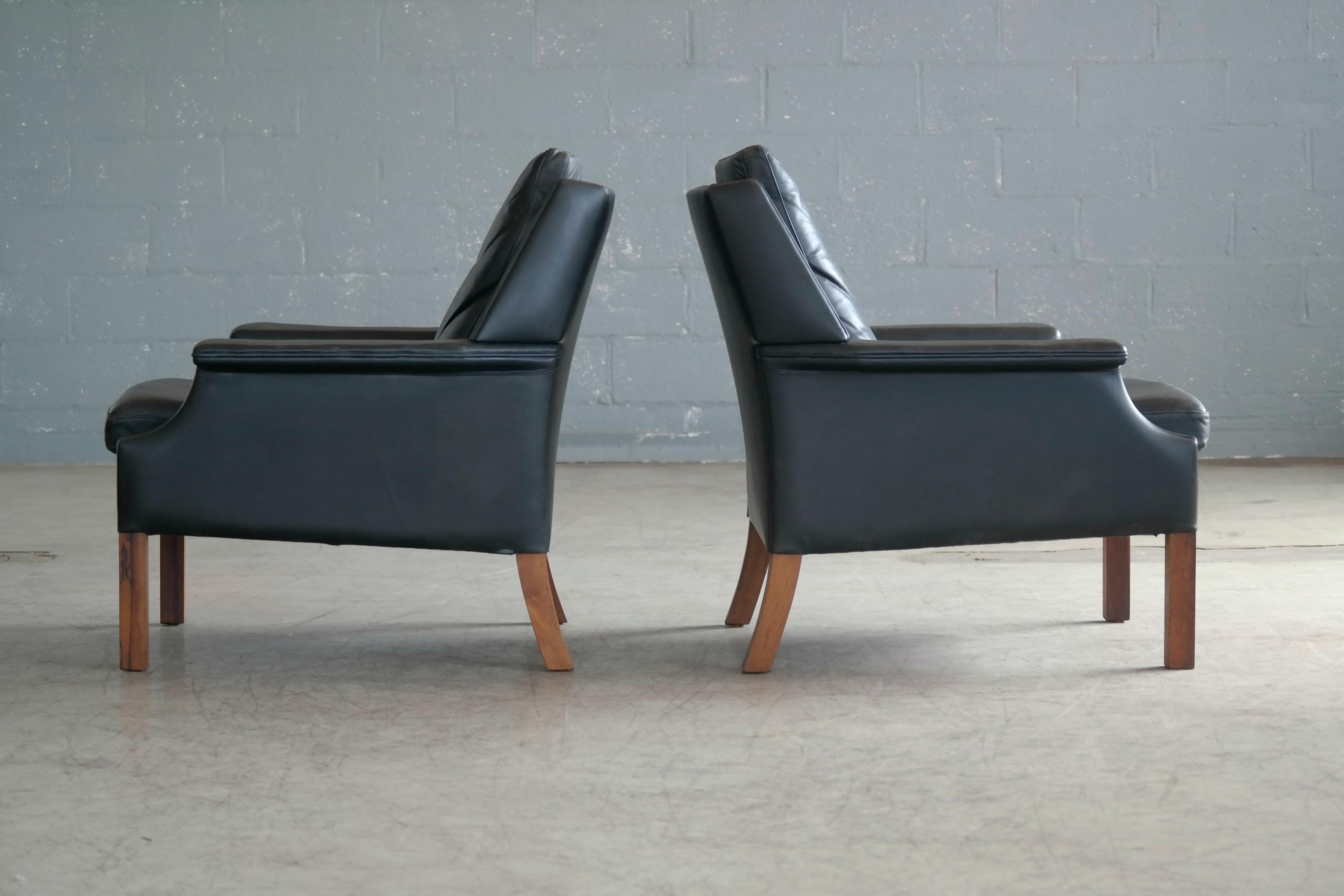 Pair of Danish Midcentury Børge Mogensen Style Black Leather Lounge Chairs 3