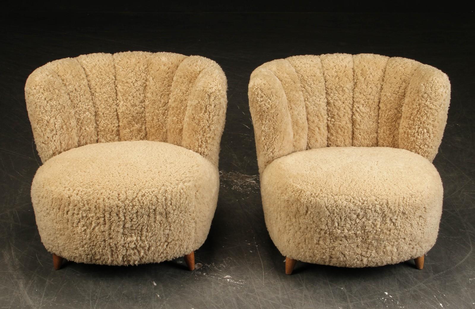 Rare pair of Danish 1940s easy chairs newly restored and upholstered in a 