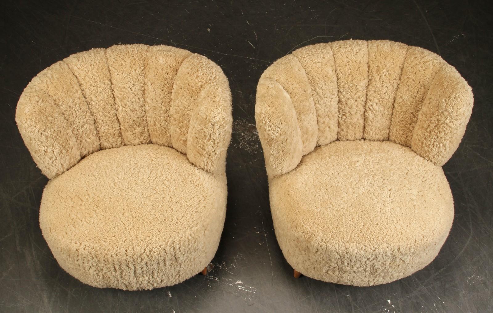 Mid-20th Century Pair of Danish Mid Century Easy Armchairs in Sheepskin Produced in Denmark 1940s