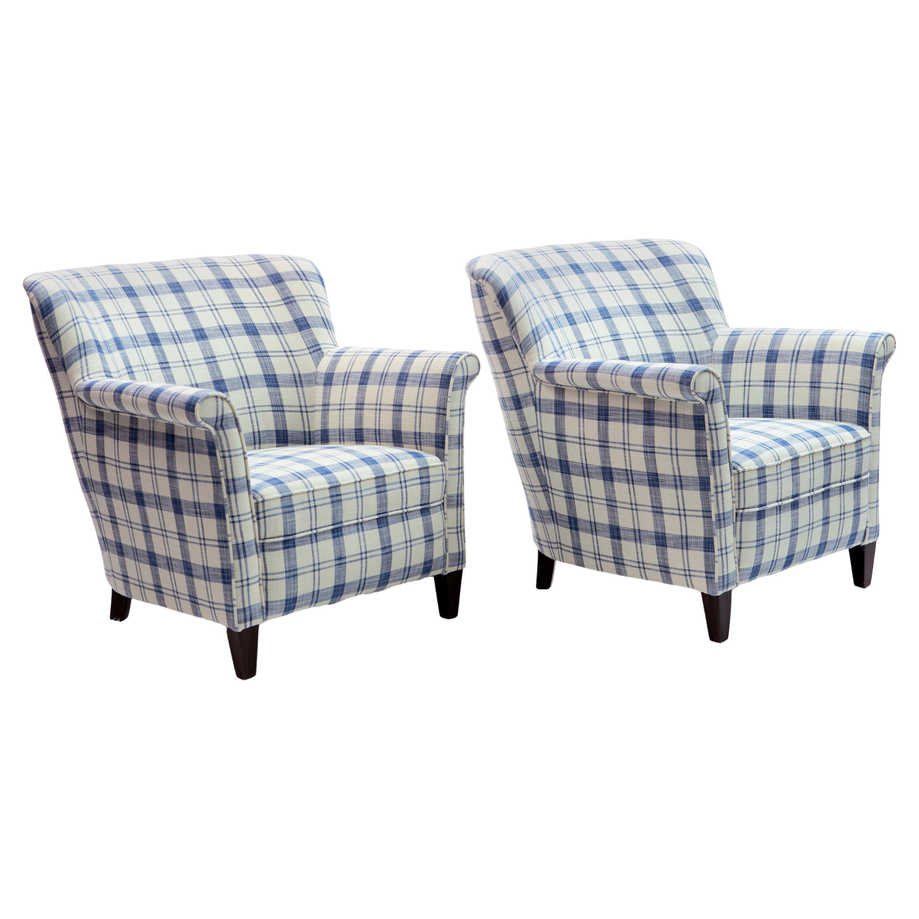 Pair of Danish Midcentury Easy Chairs Checkered Fabric For Sale