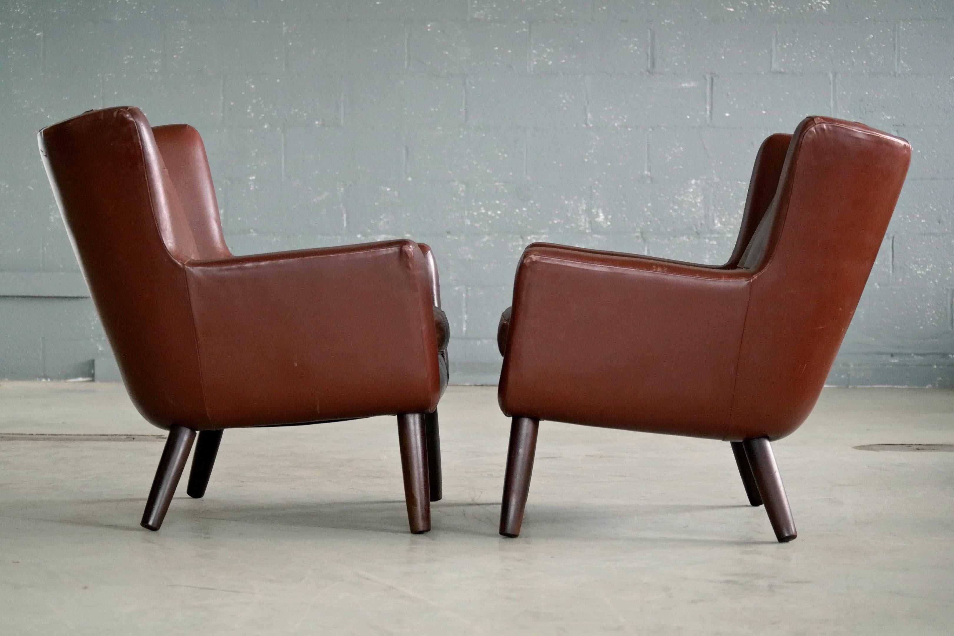 Pair of Danish Mid-Century Easy Chairs in Leather and Teak by Skjold Sørensen 4