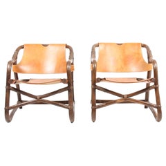 Pair of Danish Midcentury Lounge Chairs in Bamboo and Patinated Leather, 1960s