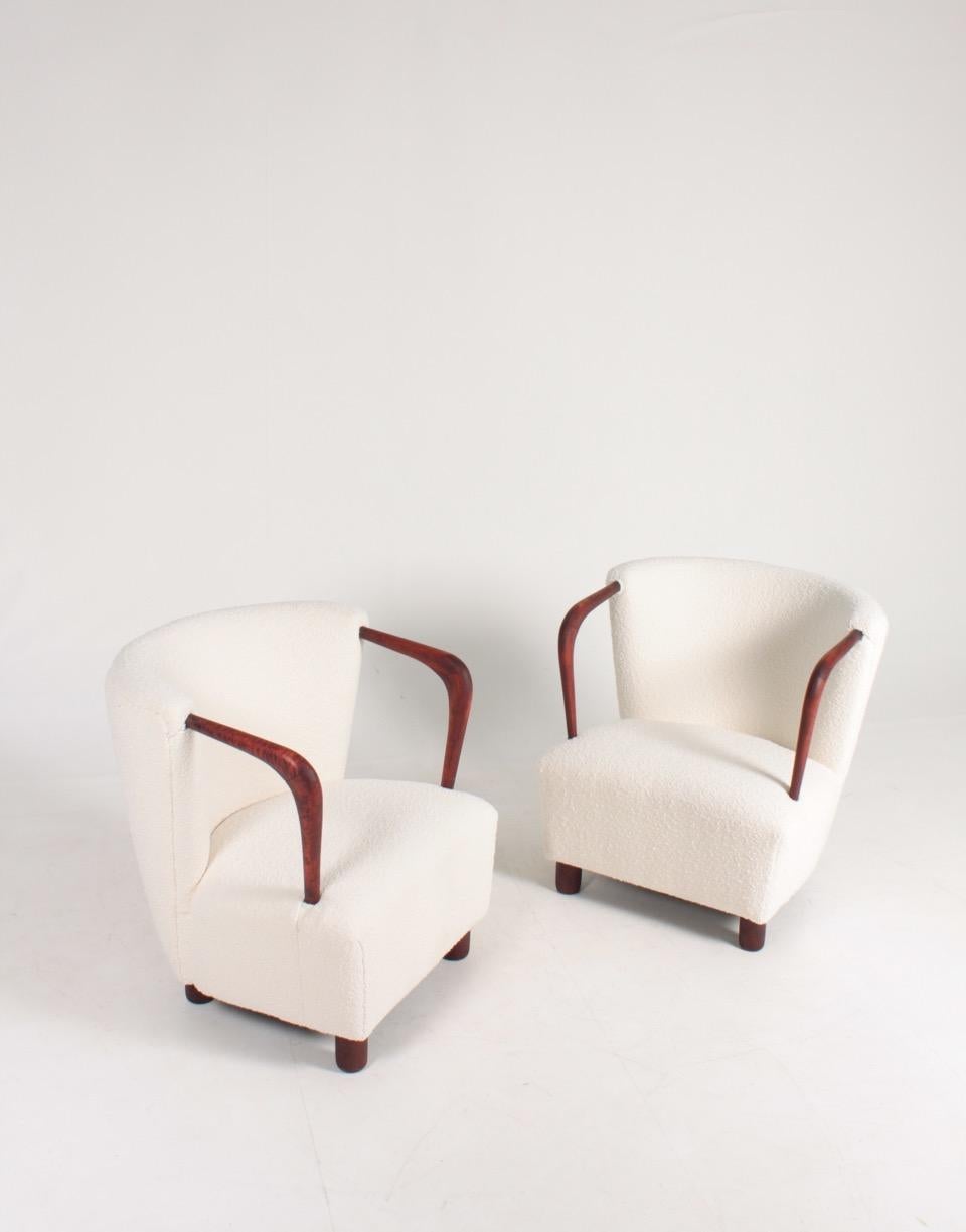 Scandinavian Modern Pair of Danish Midcentury Lounge Chairs with Boucle, 1940s