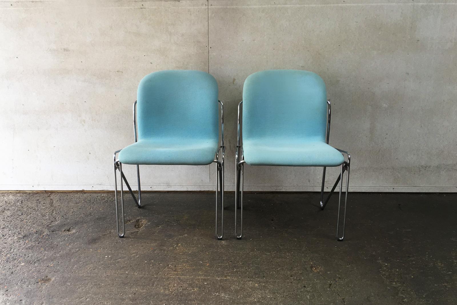 By the renowned Danish office furniture maker ‘Labofa’, this is a pair of beautifully shaped meeting or desk chairs, with the original light blue upholstery and chrome plated tubular steel frames.

Makers label attached to underside of