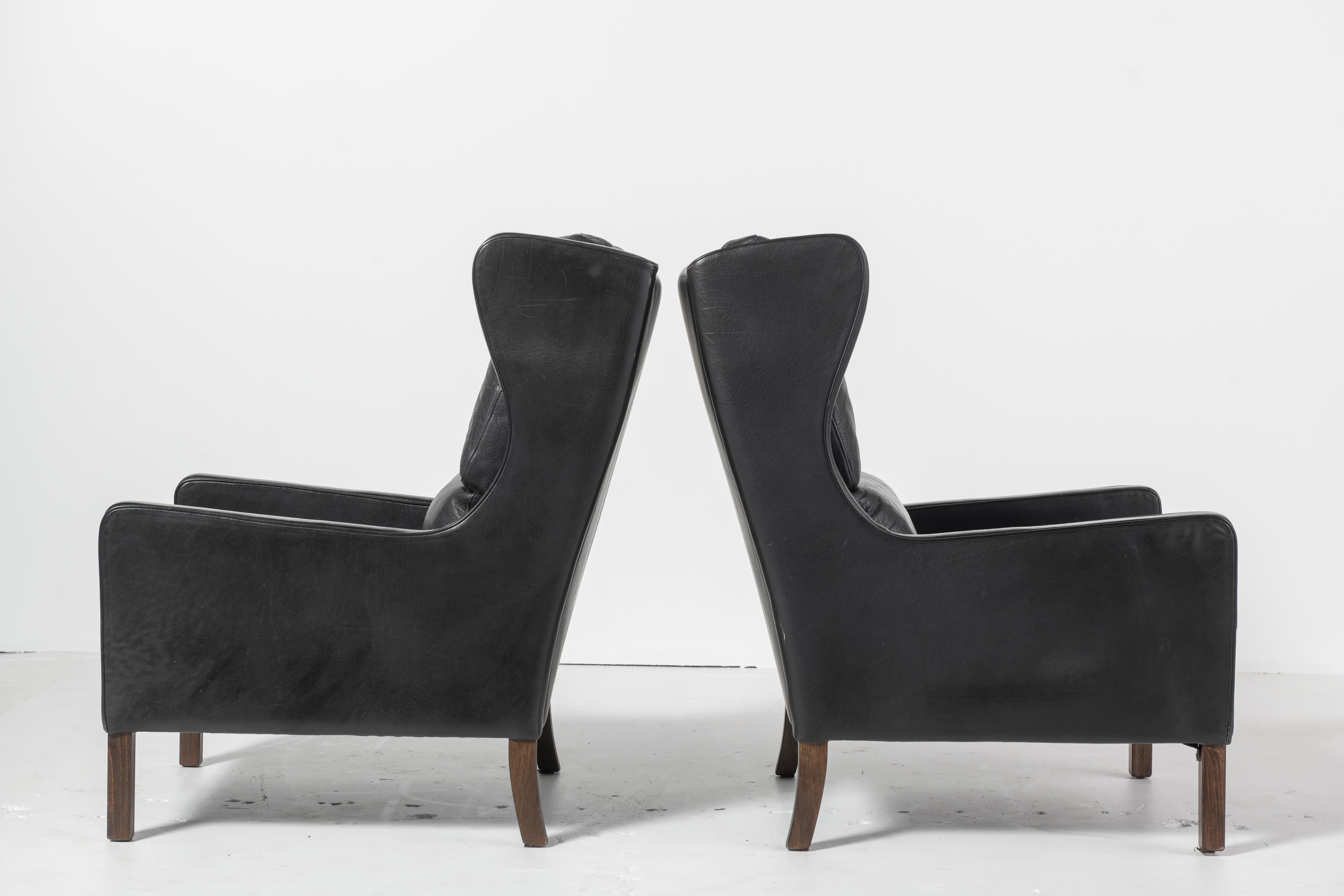 Pair of Danish Mid-Century Modern Black Leather Wingback Chairs 1
