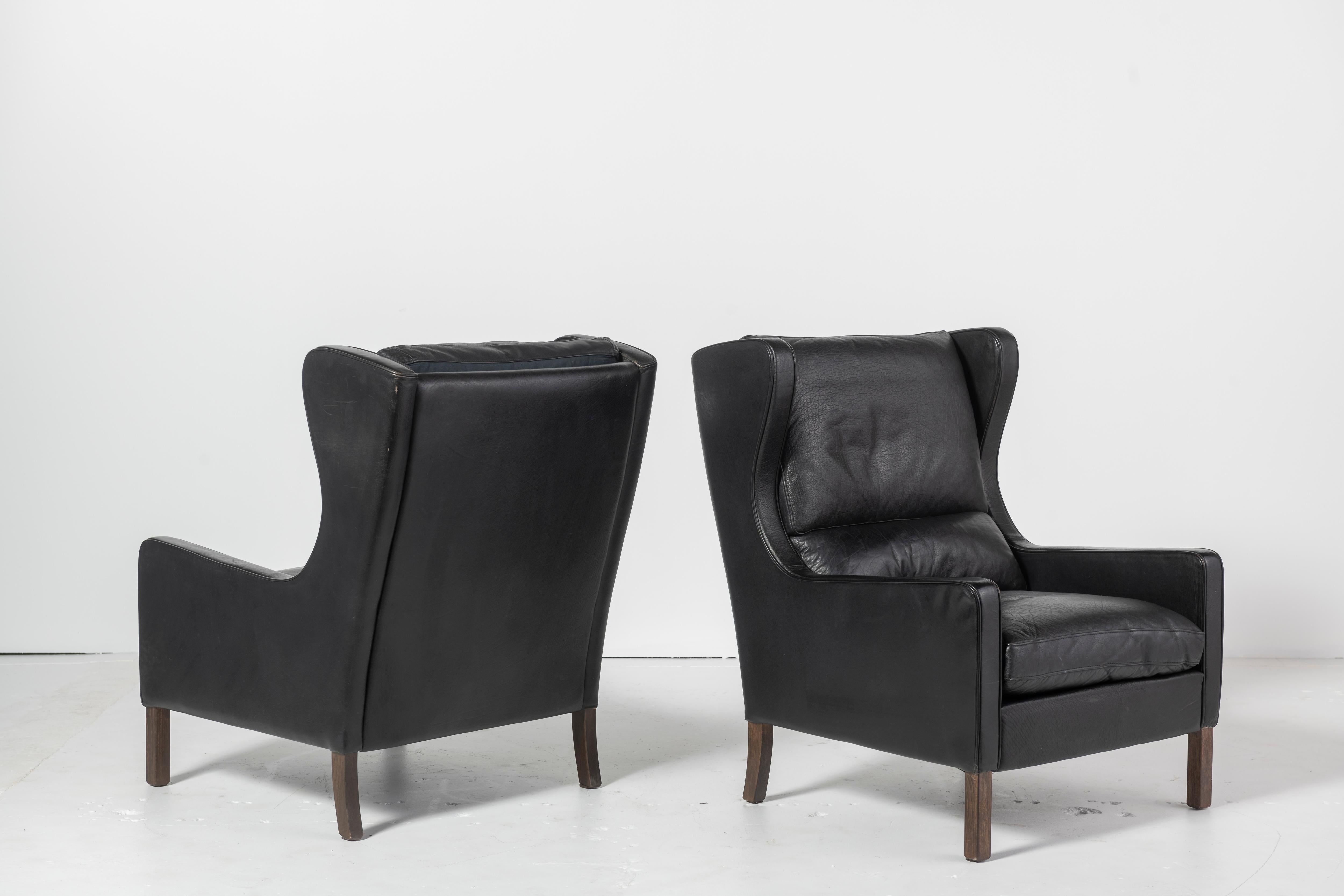 Pair of Danish Mid-Century Modern Black Leather Wingback Chairs 2