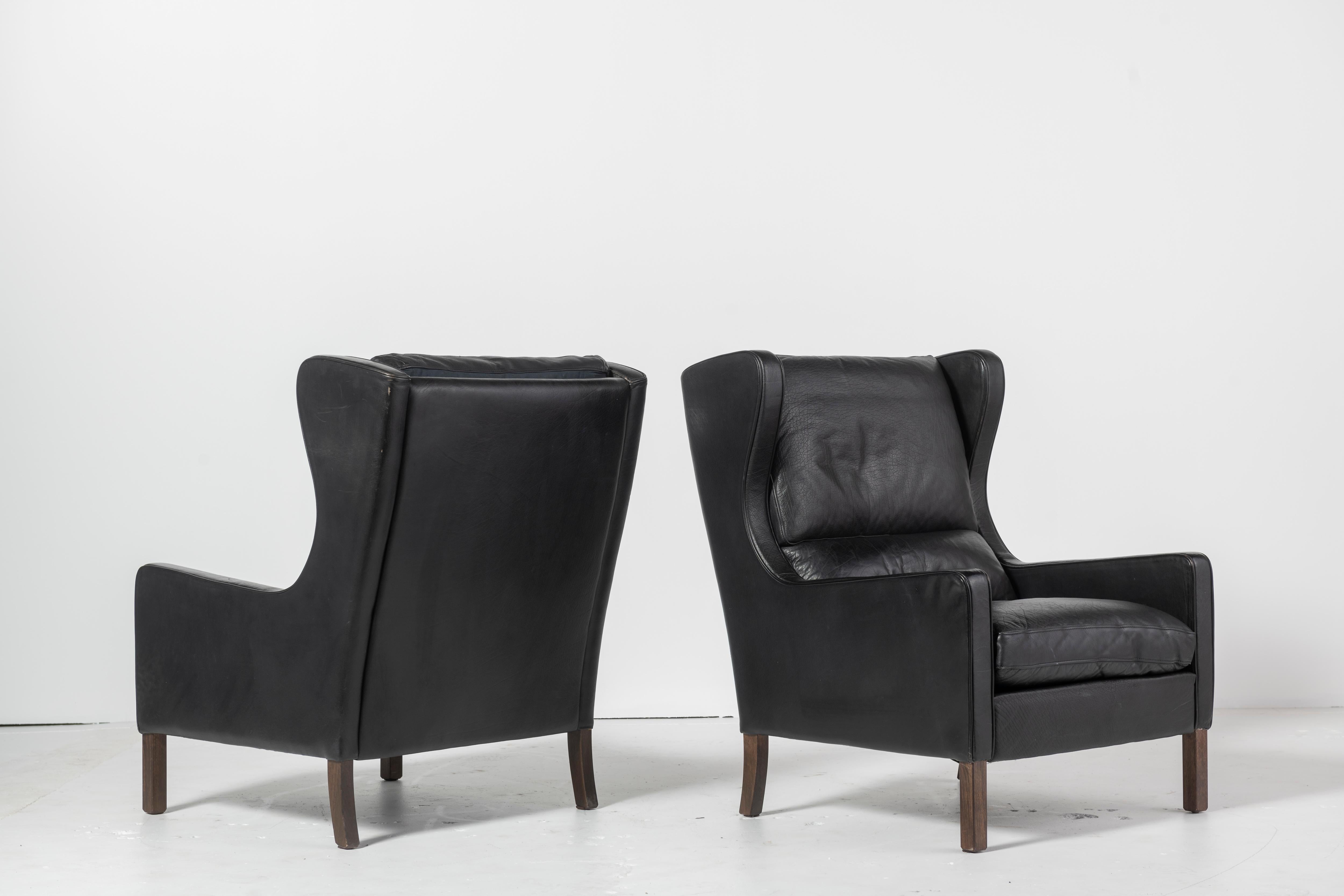 Pair of Danish Mid-Century Modern Black Leather Wingback Chairs 3