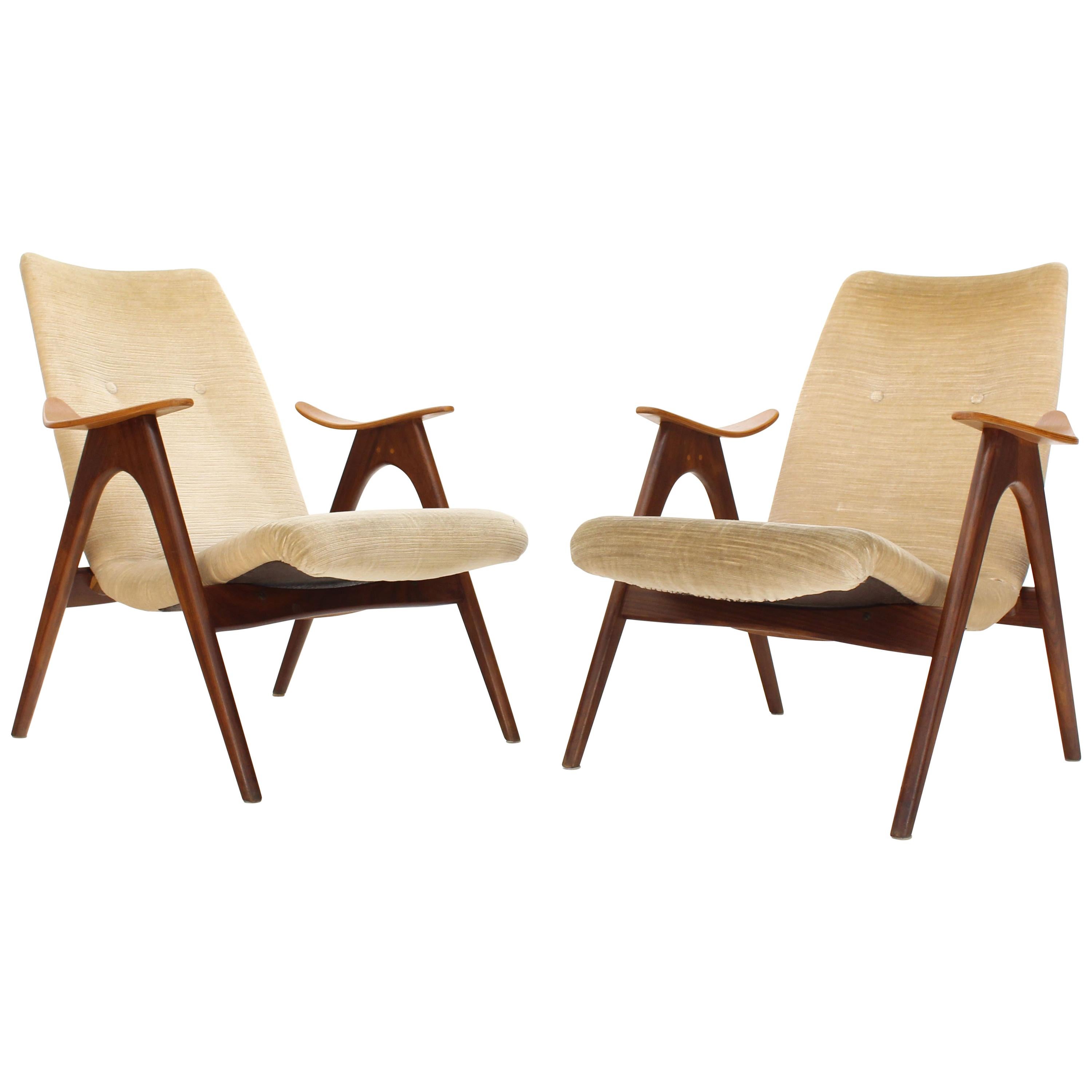 Pair of Danish Mid-Century Modern Compas Sculptured Teak Legs Lounge Chairs