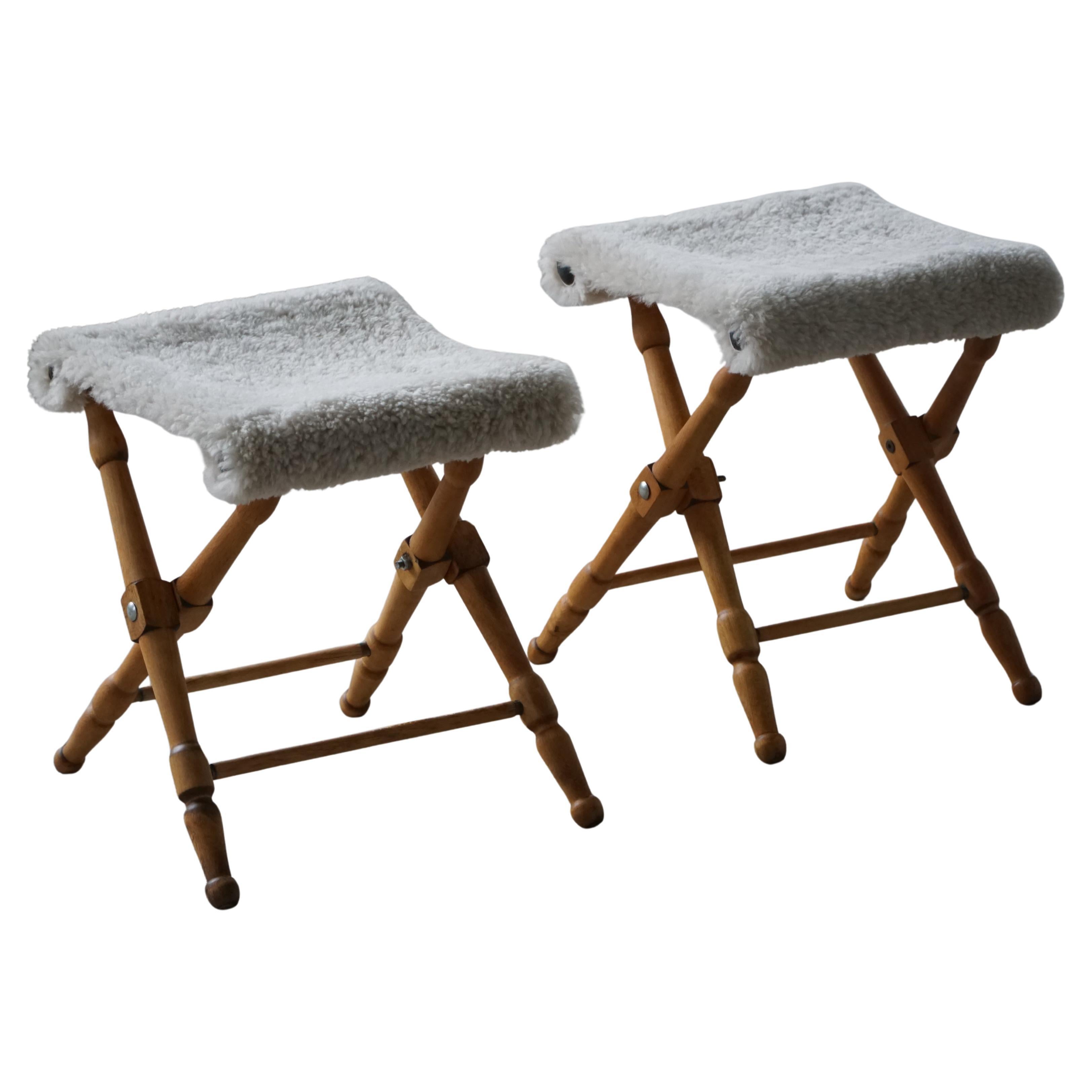 Pair of Danish Mid-Century Modern Folding Stools with Sheepskin Upholstery, 1960 For Sale
