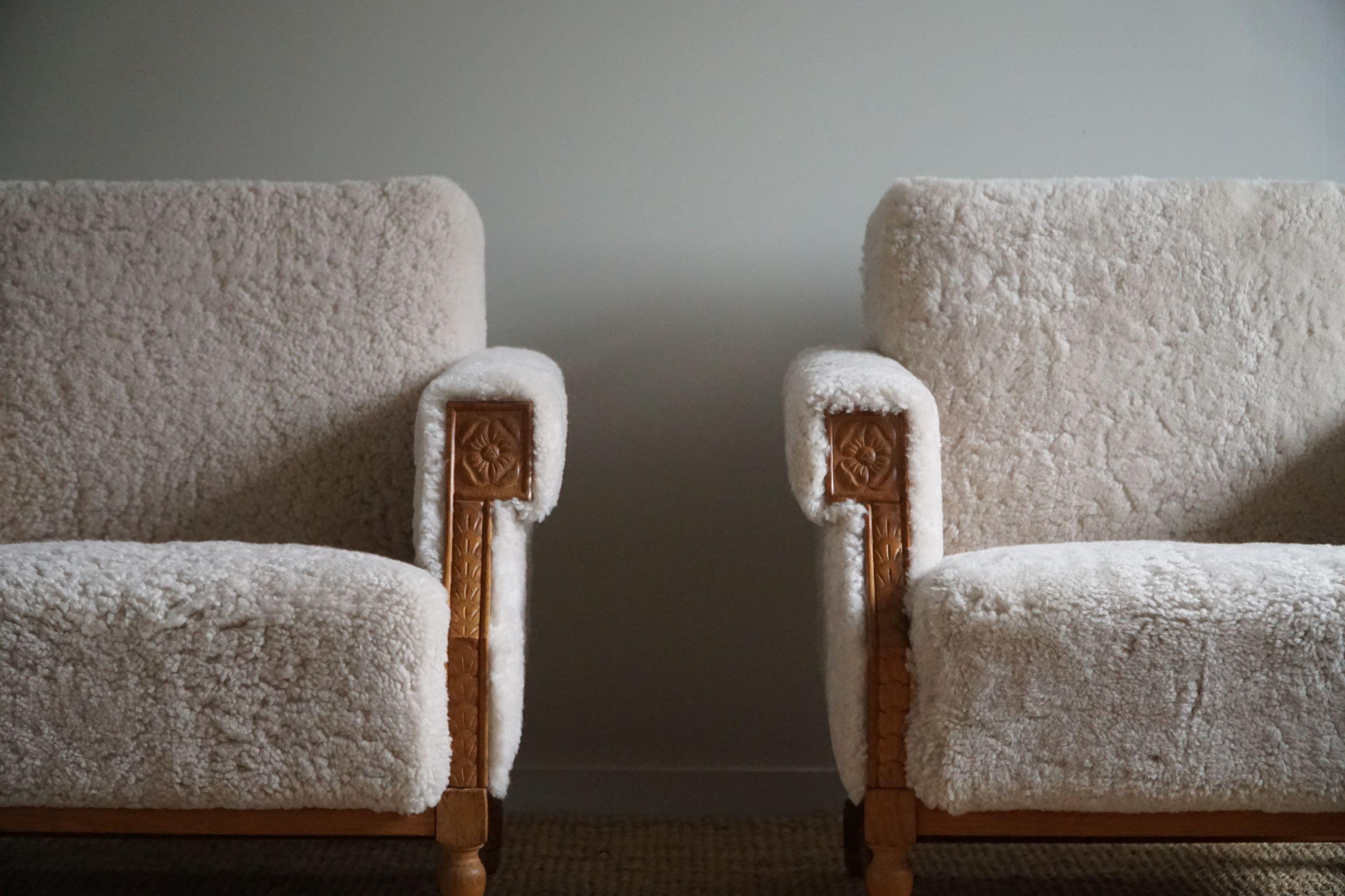Pair of Danish Mid-Century Modern Lounge Chairs in Shearling Lambswool, 1950s 7