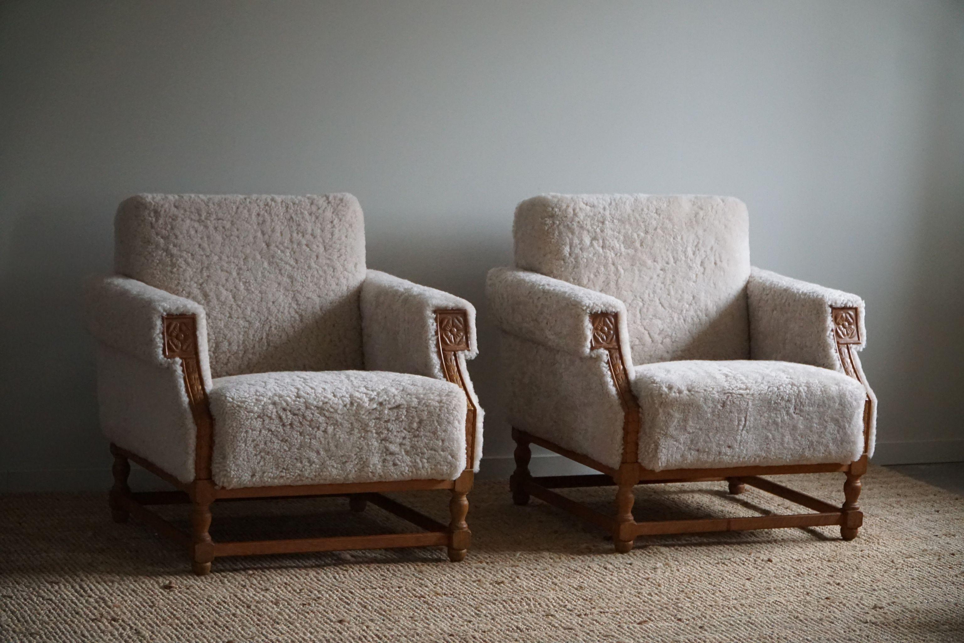 Pair of Danish Mid-Century Modern Lounge Chairs in Shearling Lambswool, 1950s 9